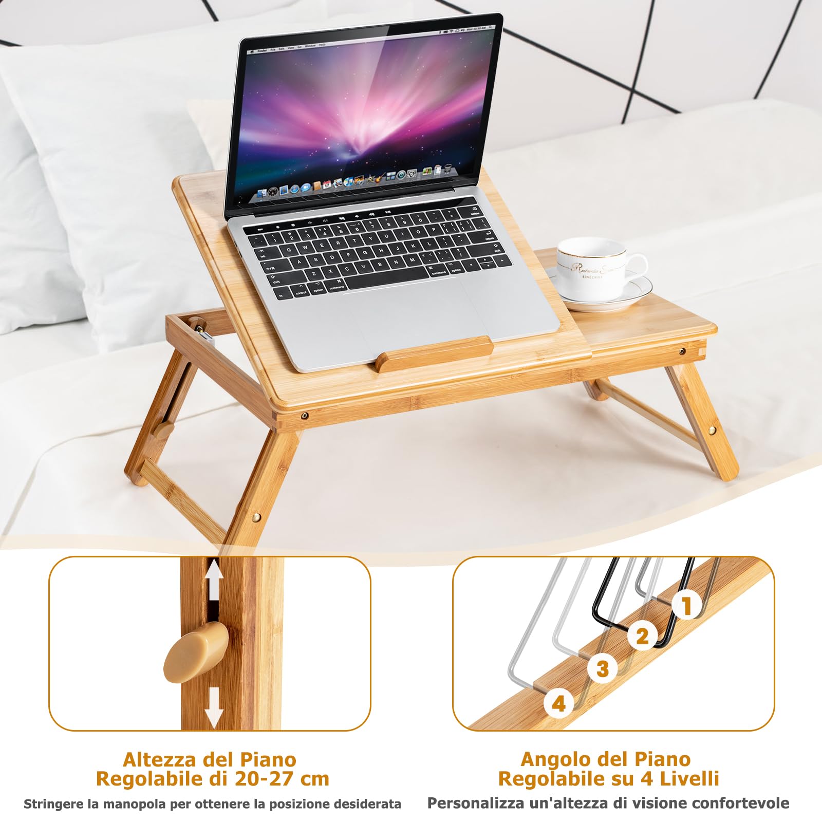 GYMAX Tavolino per Computer Portatile in Bambù con Piano Inclinabile a 4 Livelli e Cassetto, Tavolo Pieghevole con Altezza Regolabile, Fori di Raffreddamento, Supporto per Computer (Naturale)