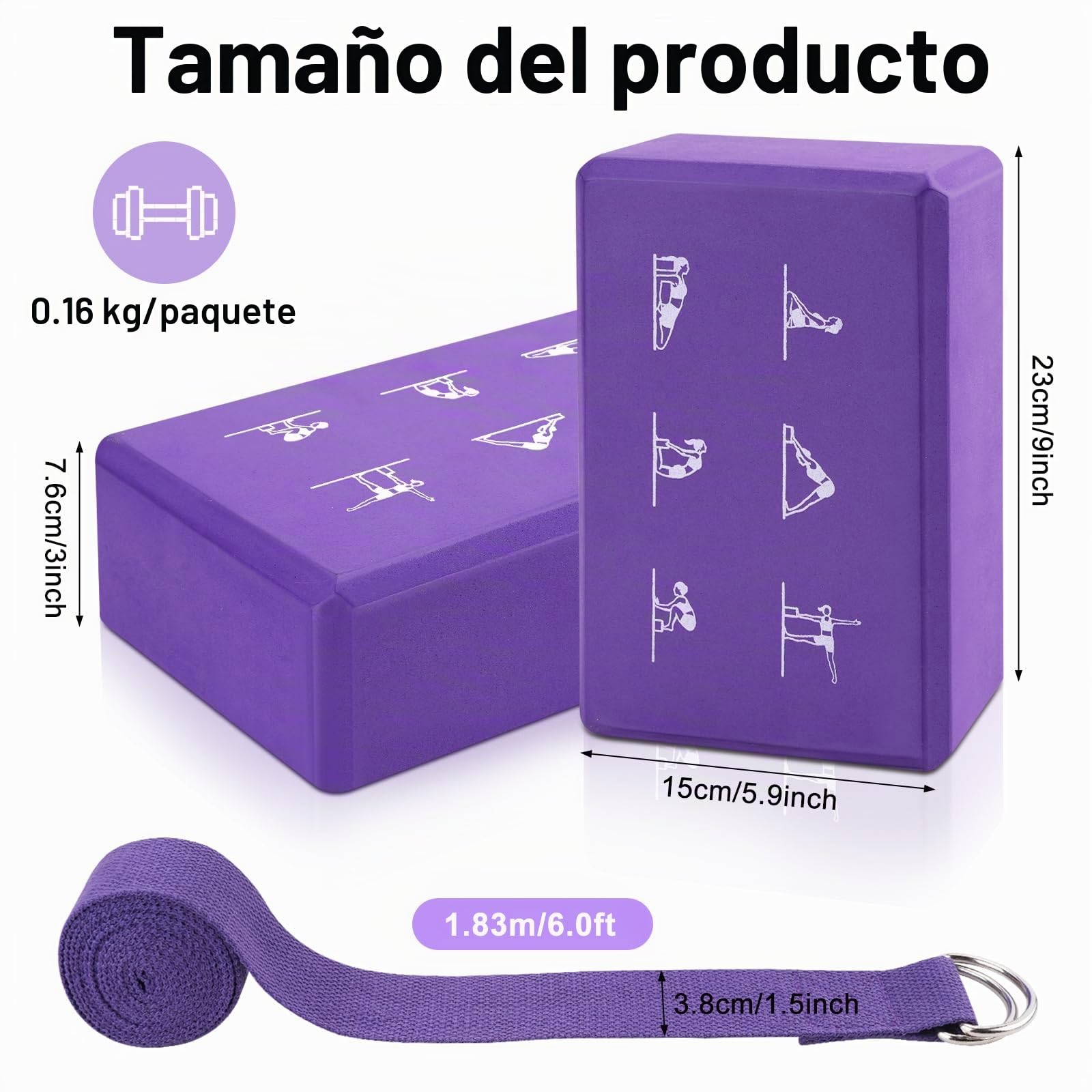 2 bloques de yoga y correas de yoga, bloques de espuma EVA de alta densidad, ladrillos antideslizantes para yoga con correa de 6 pies, kit de bloques de yoga sin látex, 23 x 15 cm