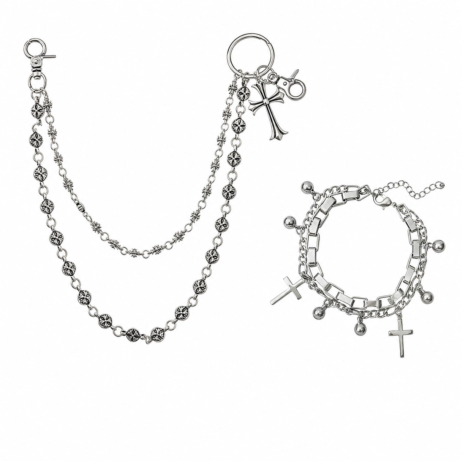 2 Piece Jeans Chain Bracelet Set for Man, Double Layer Cross Design, Alternative Fashion Gothic Punk Style, Unisex Waist Chain Accessory-image-3