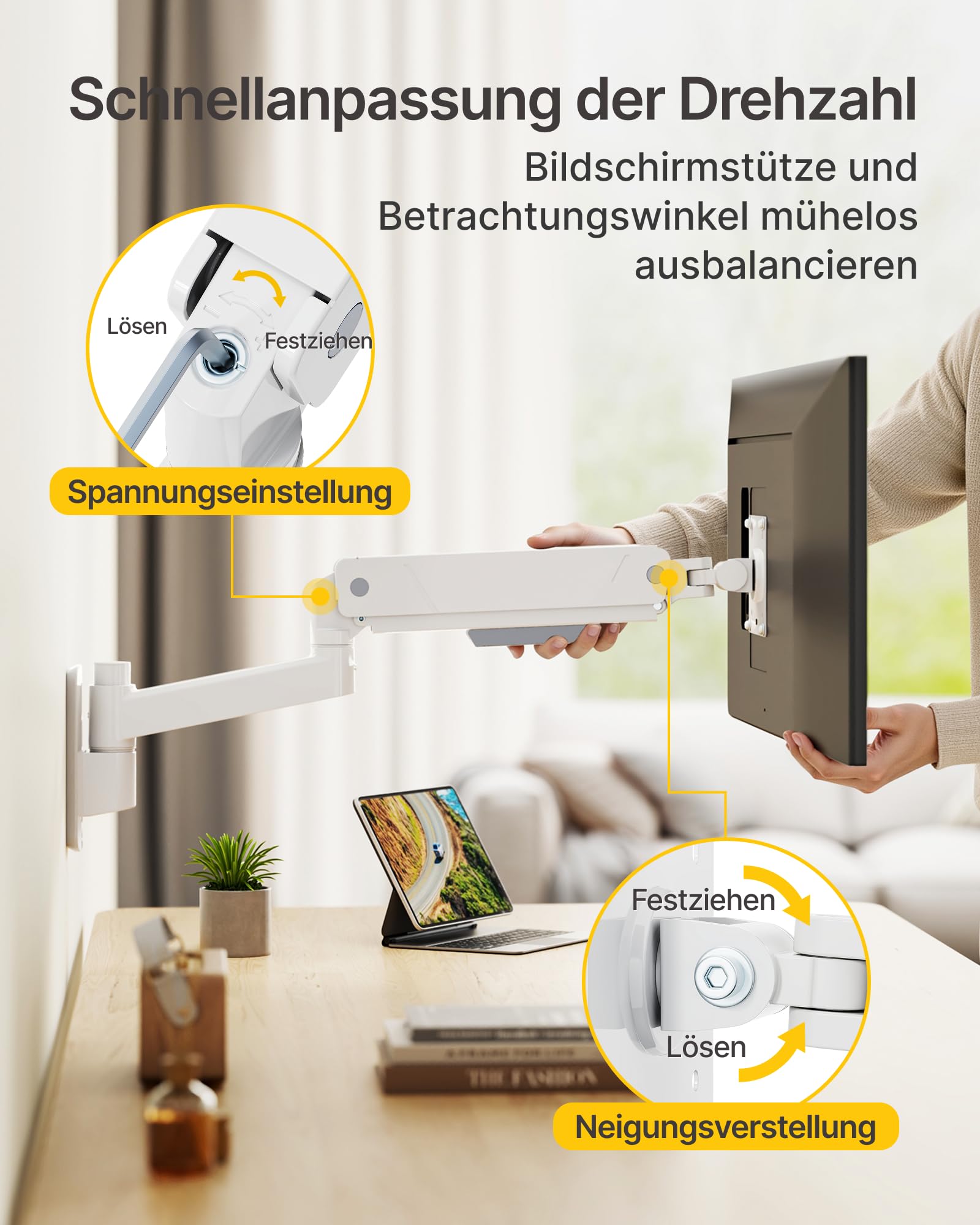 monTEK Monitor Wandhalterung 17-45 Zoll, Weiß | Bis 16 kg, Neigbar Schwenkbar Drehbar, Höhenverstellbar Full Motion, VESA 75x75/100x100 mm