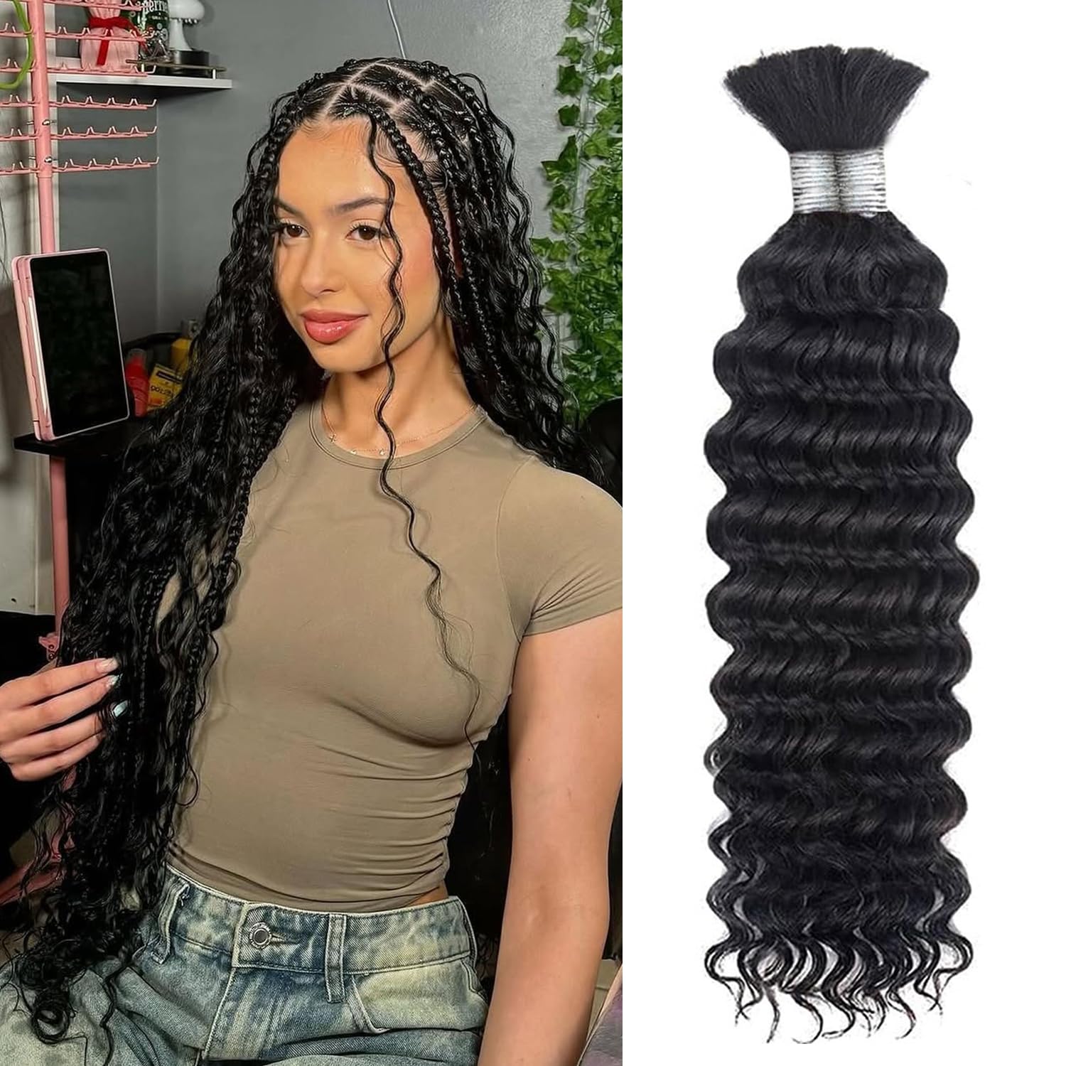 Human Braiding Hair for Boho Braids Human Hair Braid Hair 2 Bundles/Pack 100g 22 Inch Deep Wave Boho Hair Braid No Weft Curly Bulk Human Hair 12A Brazilian Virgin Hair Extensions Natural Color