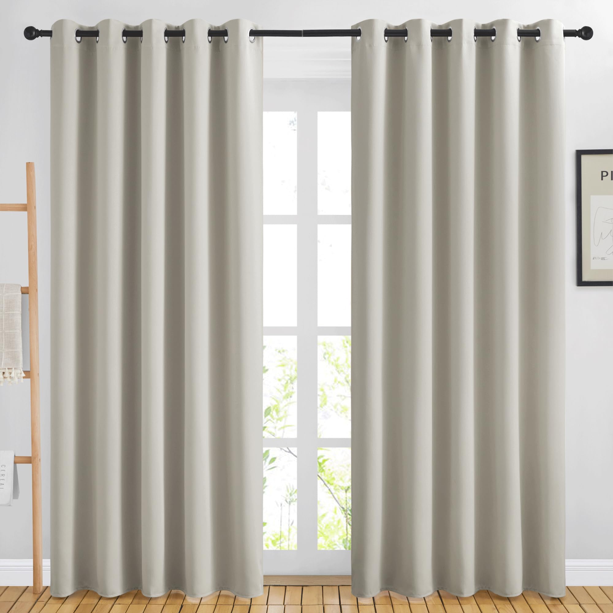 NICETOWN Room Darkening Natural Curtains & Drapes for Living Room - Thermal Insulated Solid Grommet Sound Reducing Room Divider Privacy Window Treatments for Bedroom, 2 Panels, W66 x L84
