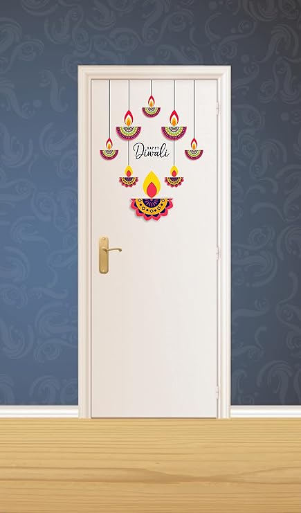 Byte Shop Beautiful Hanging Diya Happy Diwali PVC Vinyl Multicolor Decorative Wall Sticker for Wall Decoration WD295