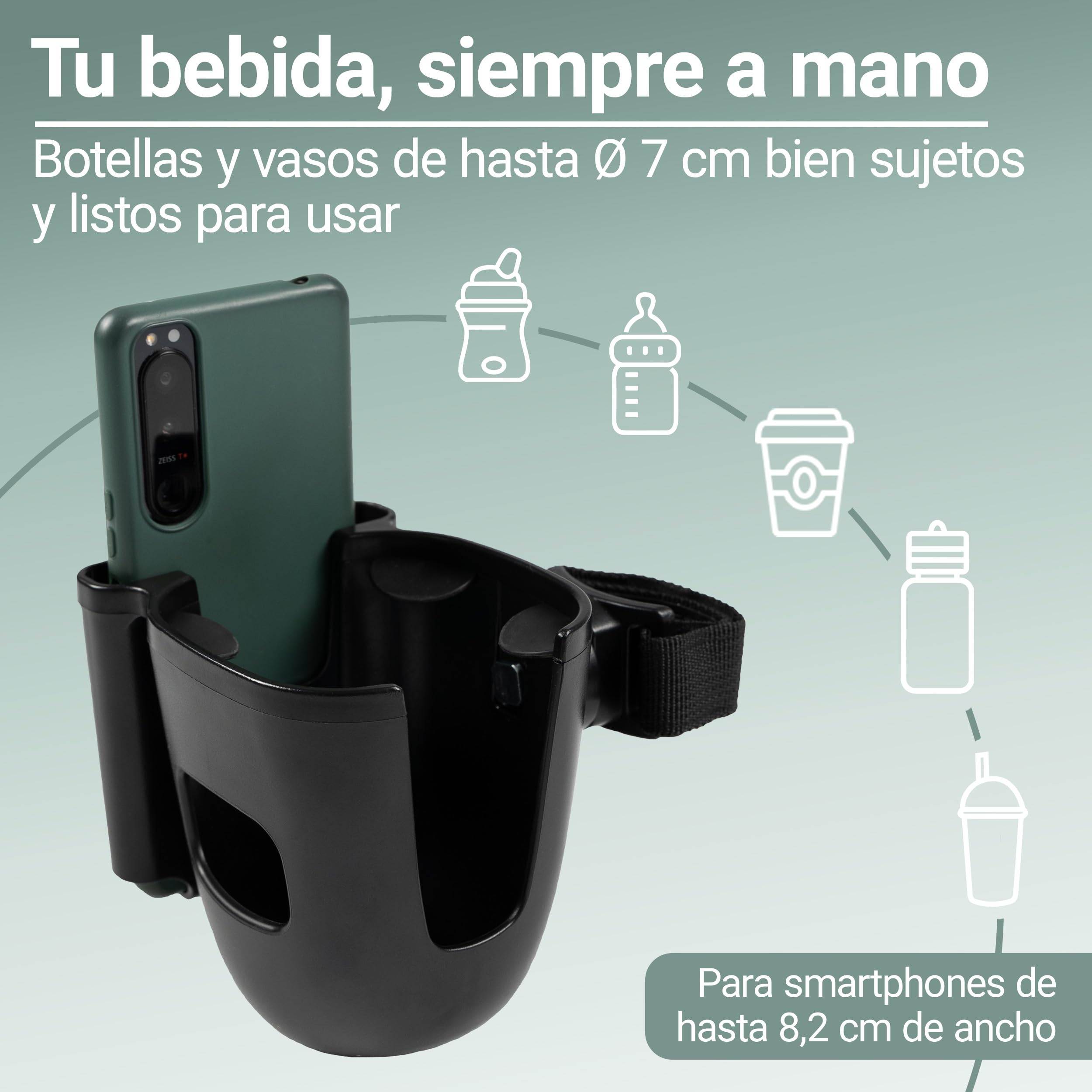 Zamboo Porta Botellas Carrito con Sujeción para Móvil | Soporte Bebidas Universal 2 en 1 para Vasos - Biberones y Smartphone | Giratorio 360° | Fácil de Montar - Negro