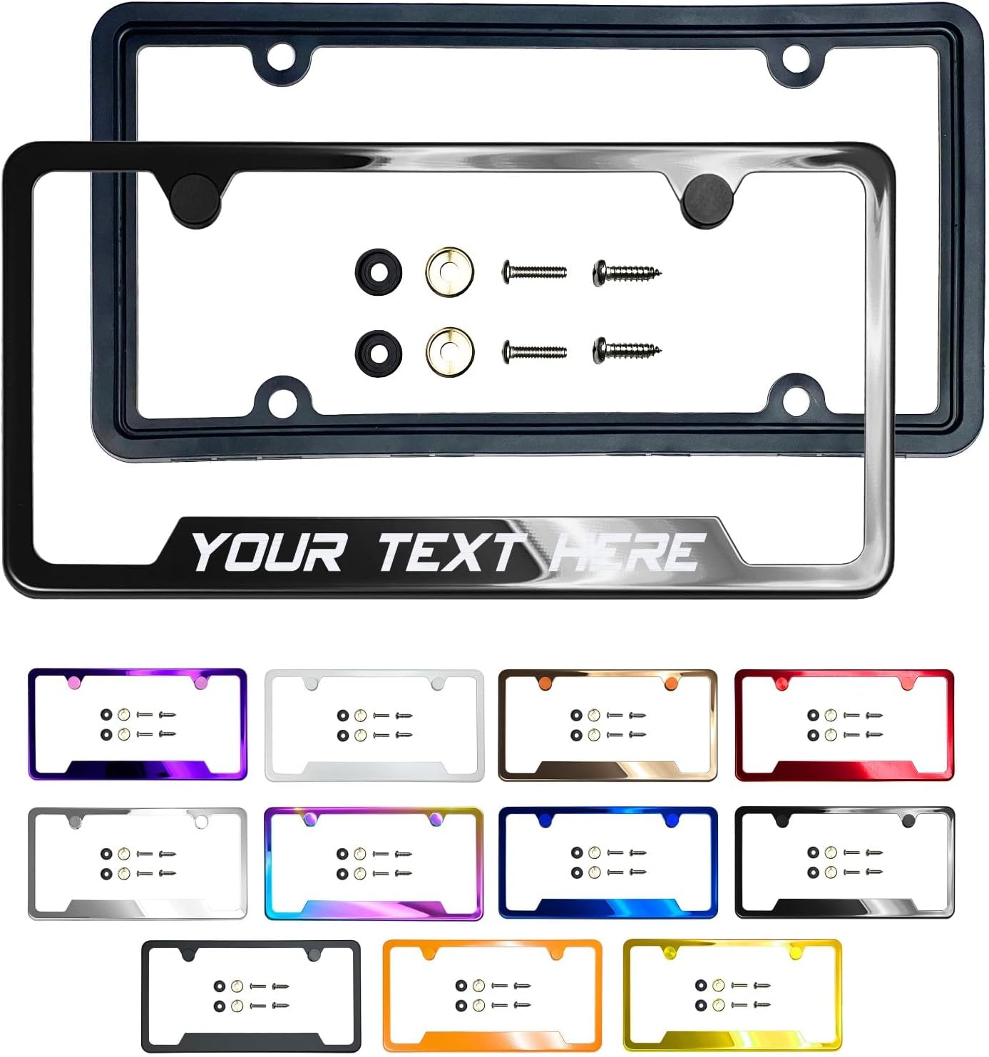Customized Laser Etched Black Chrome Gun Metal Gray License Plate Frame Bottom Cut Out, Universal Fit, Anti-Rust Metal Screw-On Cap Cover T304 Stainless Steel, Rust-Proof Weather-Proof (Qty: 1 Frame)