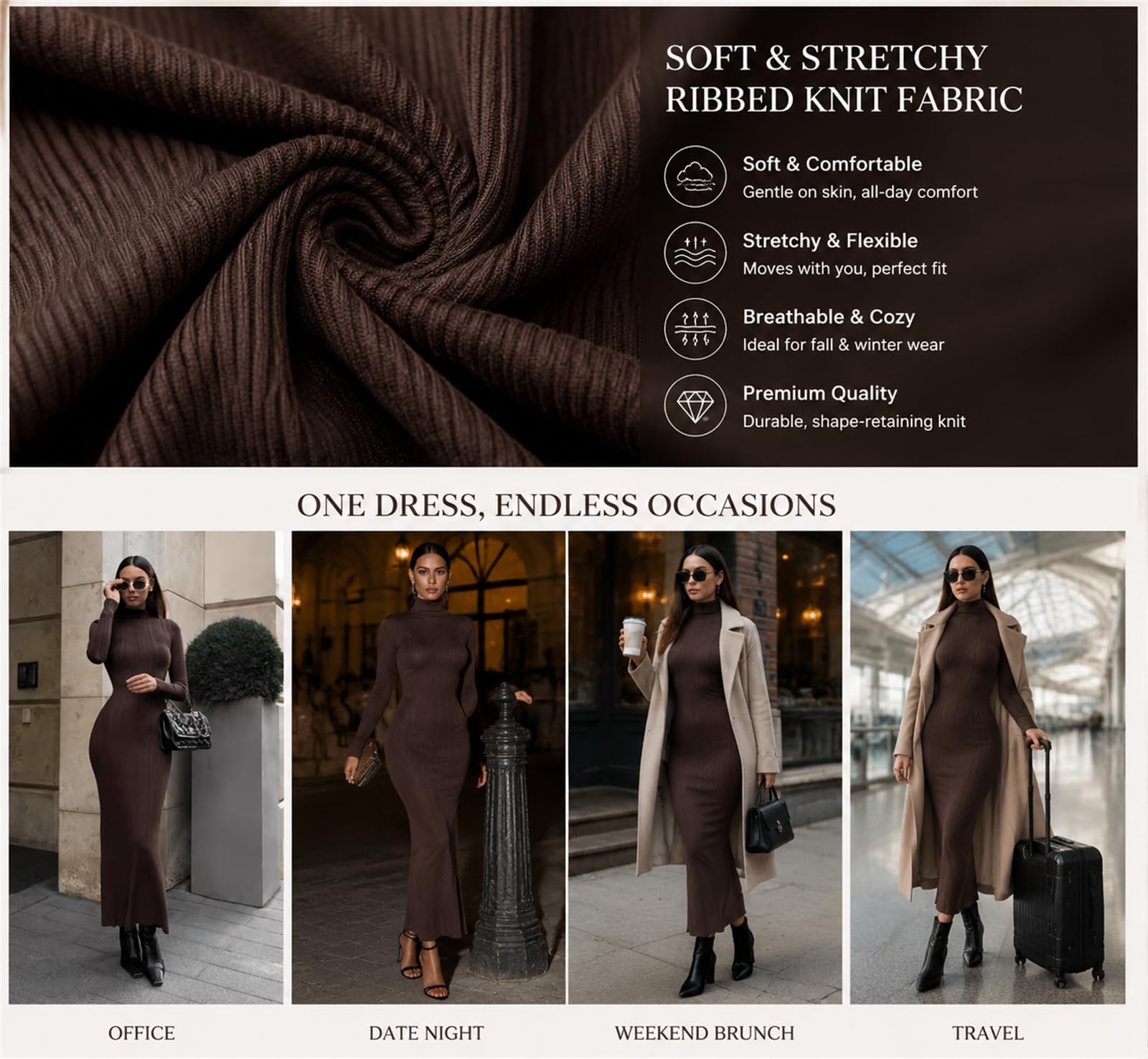 Vestito Donna Maglia Collo Alto Manica Lunga Elegante Autunno Inverno | Vestito donna in maglia a coste con collo alto, elegante e aderente, perfetto per lavoro e tempo libero
