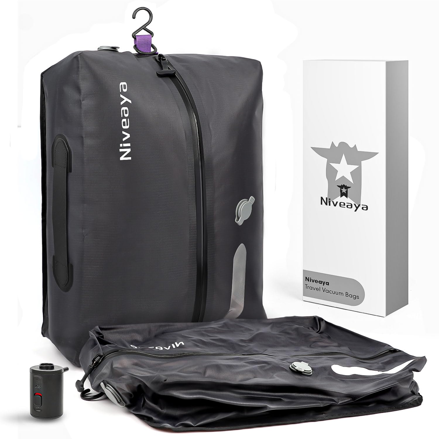 Niveaya Vacuum Bags for Travel with Wireless Pump, Reusable Compression Storage Bags for Suitcases & Closet, Space Saver, Waterproof & Durable