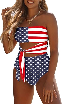 Viottiset Womens Bandeau One Piece Swimsuit Strapless Tie High Cut Out Bathing Suit