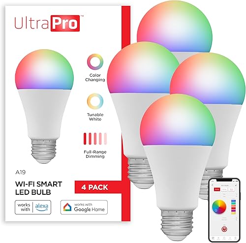 UltraPro Bombilla LED inteligente Wi-Fi, A19, equivalente a 60 W, RGB, cambio de color, blanco seleccionable 2700K - 6500K, regulable, requiere