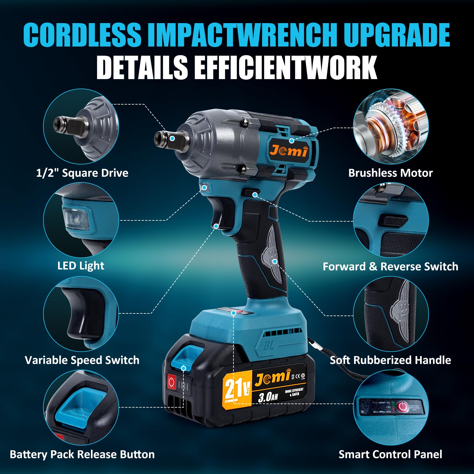 Chiave a urto senza fili 21V 1000Nm, avvitatore a urto 1/2", avvitatore con 2 batterie da 3000 mAh, motore senza spazzole, kit completo accessori, LED