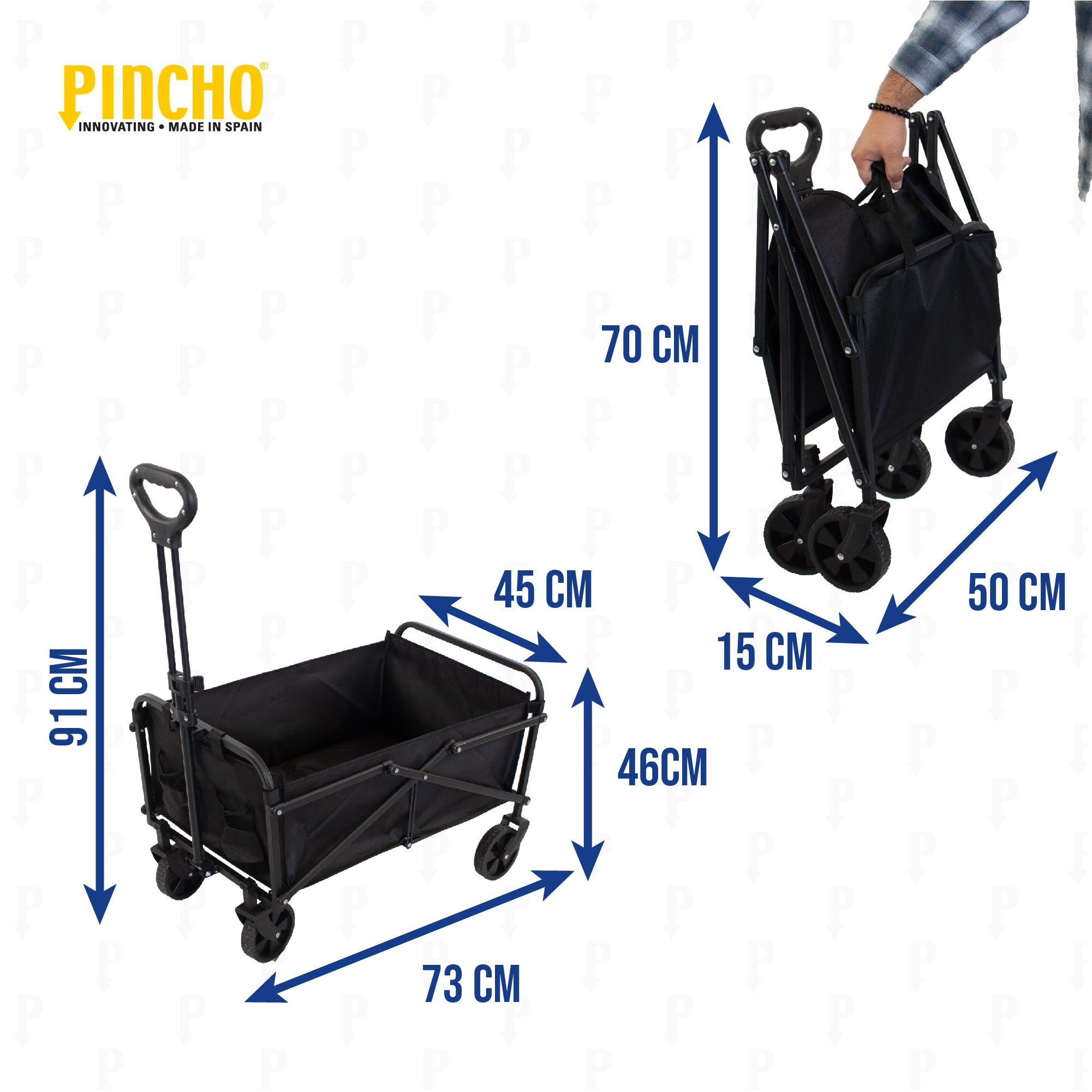 Carro Playa Plegable - PINCHO - Carrito De Playa Plegable, Carro Transporte Plegable con Asa Telescópica, Carretilla Plegable con Ruedas y Frenos - 4 Ruedas, Carga 50 kg, Plegado Compacto, Bolsillo