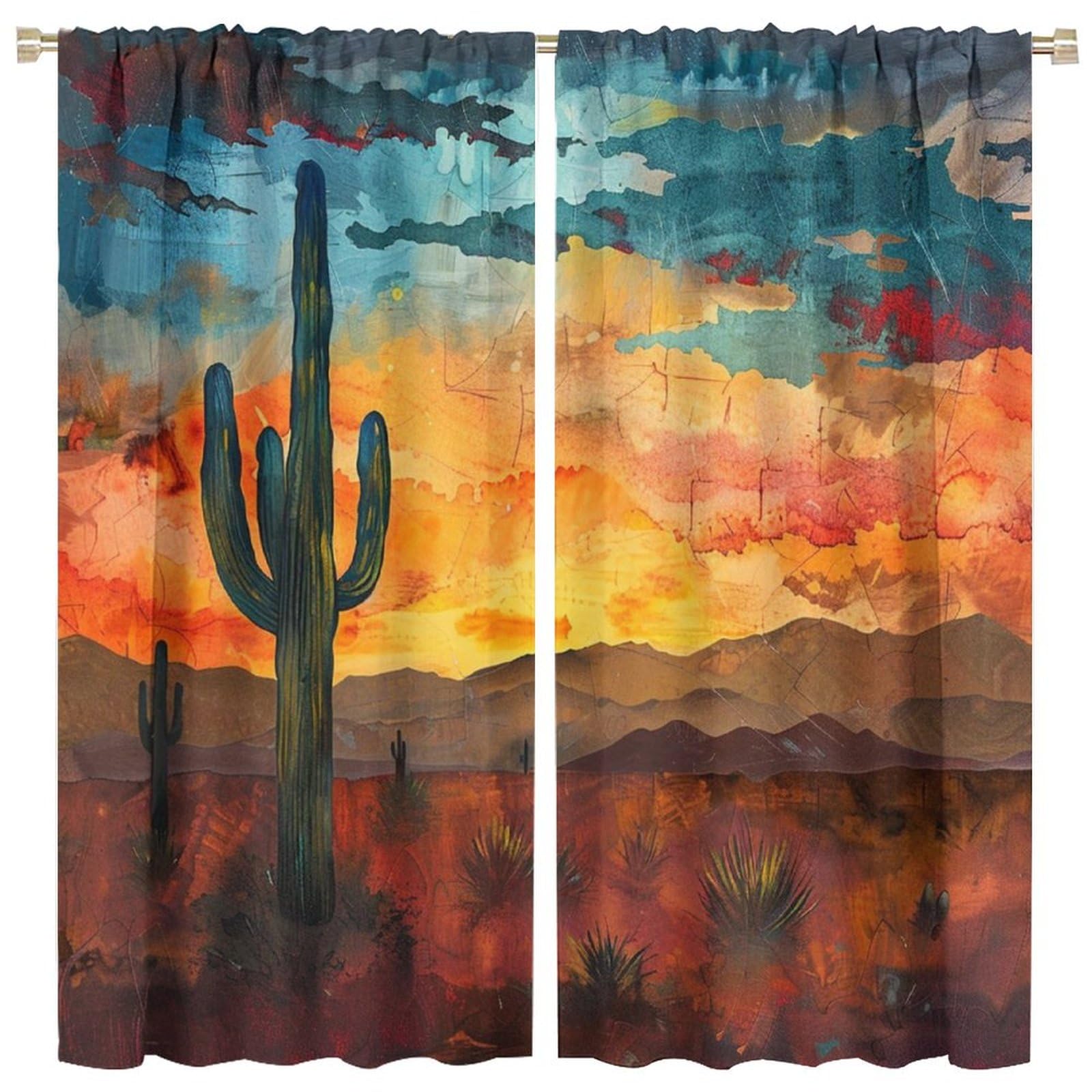 Farmhouse Cactus Blackout Curtains for Home Decor Colorful Desert Sunset Nature Plant Rod Pocket Heat Insulation Drapes Darkening Window Curtain for