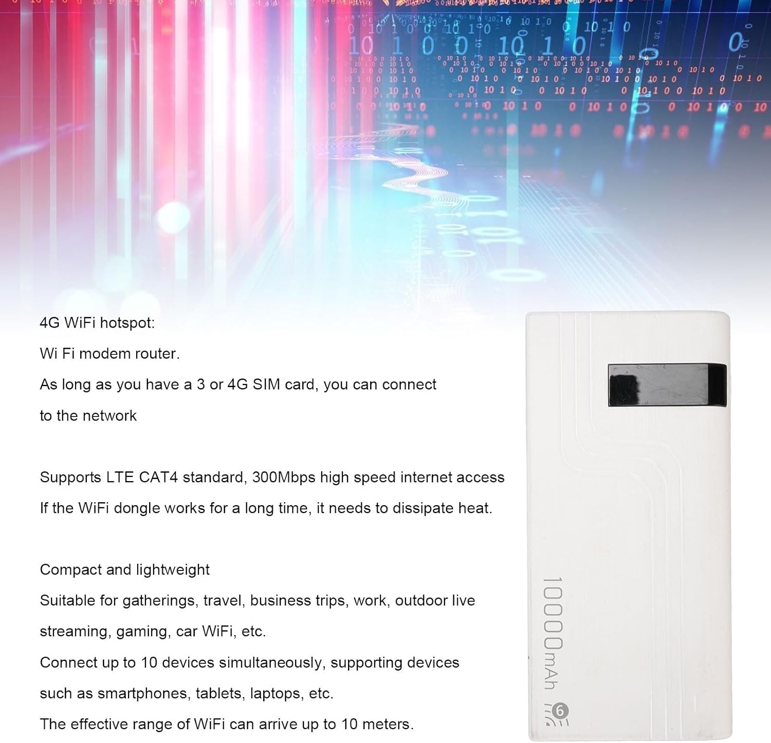Tangxi 4G LTE Mobile Hotspot Router, Unlocked 300Mbps Wireless WiFi Modem with SIM Card Slot and 10000mAh Battery, for Travel Outdoor Gaming Smartphones Tablets Laptops