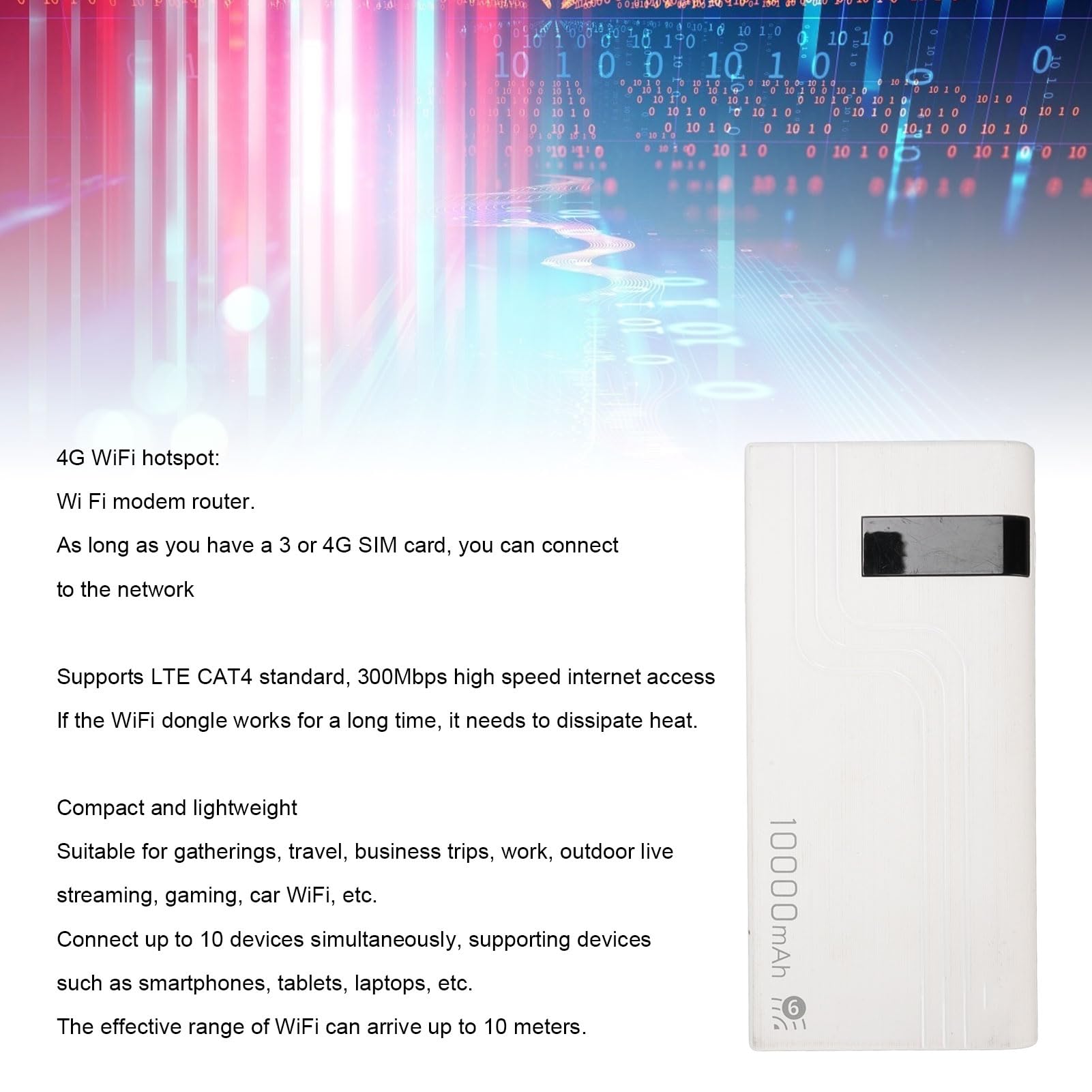 Generic Mobilny Router z Hotspotem 4G LTE Wydajny Bezprzewodowy Router z Gniazdem Karty SIM 300 Mb/s Wbudowany Akumulator 10000 MAh do Gier w Podróży na świeżym Powietrzu ABS Biały 1 Jednostka