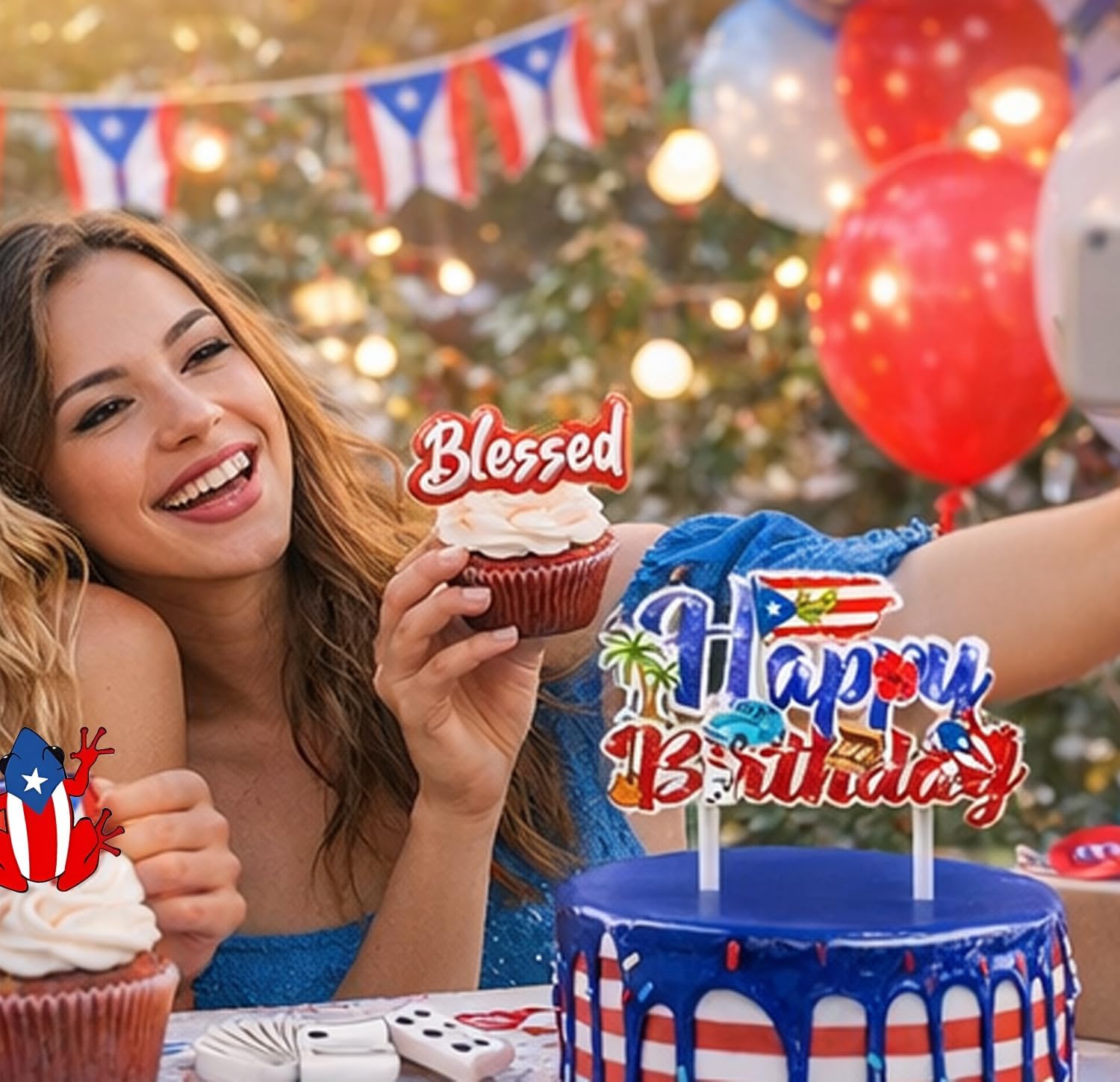 25PCS Puerto Rico Glitter Cake Topper Puerto Rican Party Decoration Puerto Rican Cake Decor Frog Cigar Rapper Theme Vintage Car Cake Table Decor for Patriotic Festival National Day Supplies - Image 7