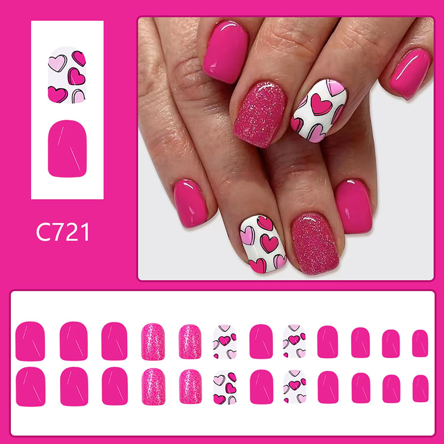 Valentins Press on Nails Heart Fake Nails Short Square False Nails Cute Design Stick on Nails Gloss Acrylic Nails Full Cover Glitter Glue on Nails Valentin Day Artificial Nails for Women, 24Pcs