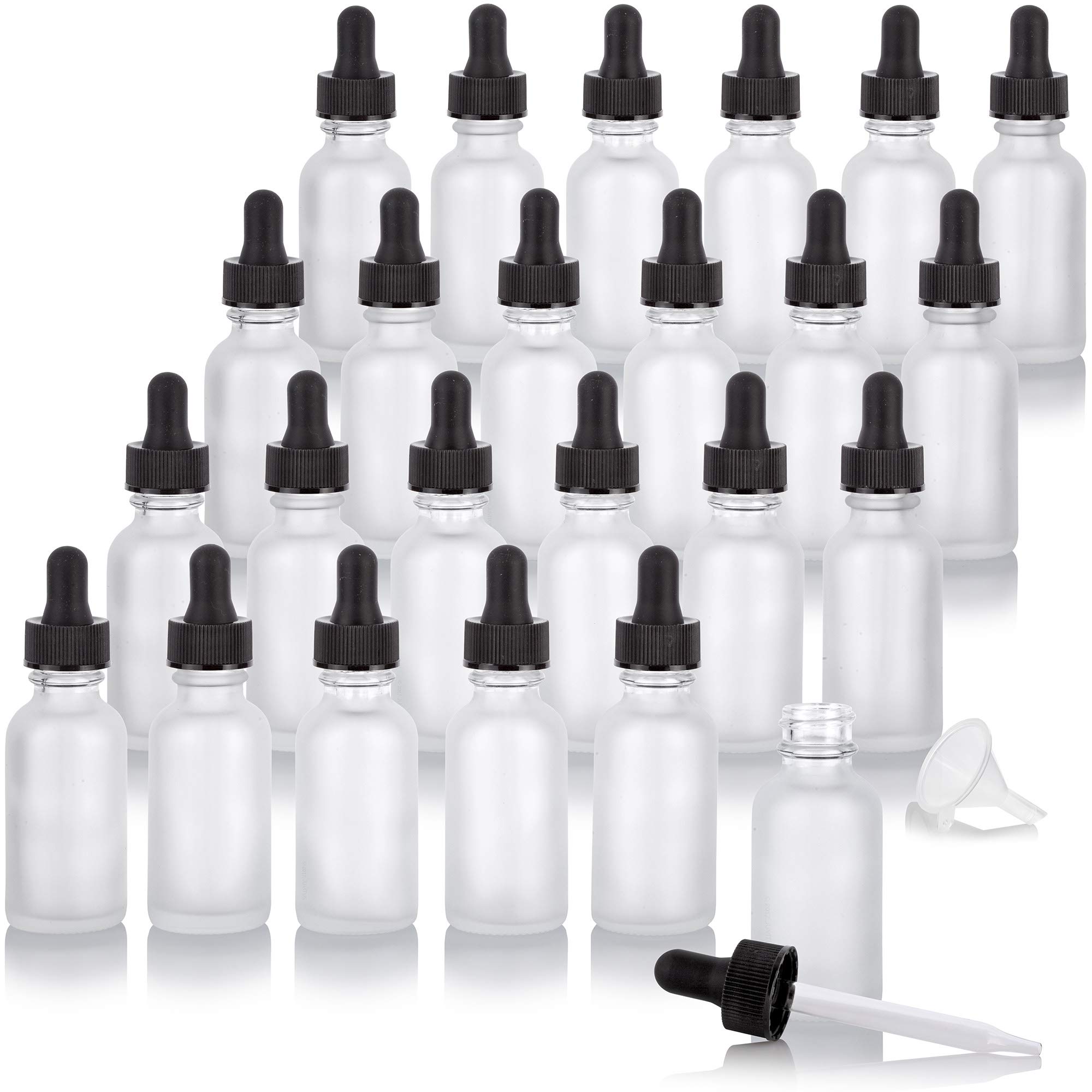 Boston Runde Tropfflaschen aus mattiertem Glas, 28 ml, inkl. Trichter und Etiketten für Kosmetik, Seren, ätherische Öle, Aromatherapie, Lebensmittelqualität, BPA-frei