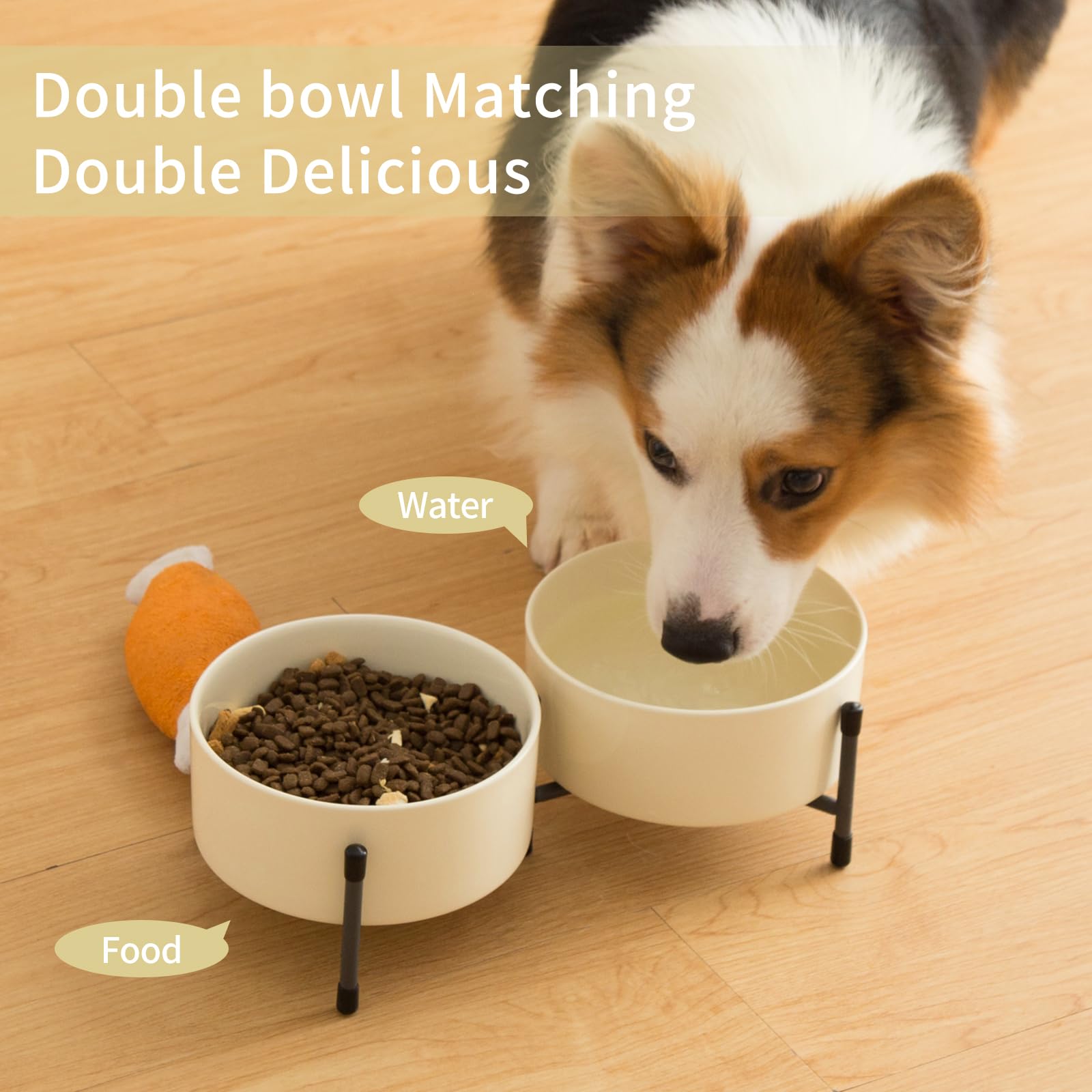 Lot de 2 gamelles en céramique pour chien et chat avec support en métal surélevé, gamelle en céramique de 15,2 cm pour nourriture et eau, gamelles pour chats et chiens, beige