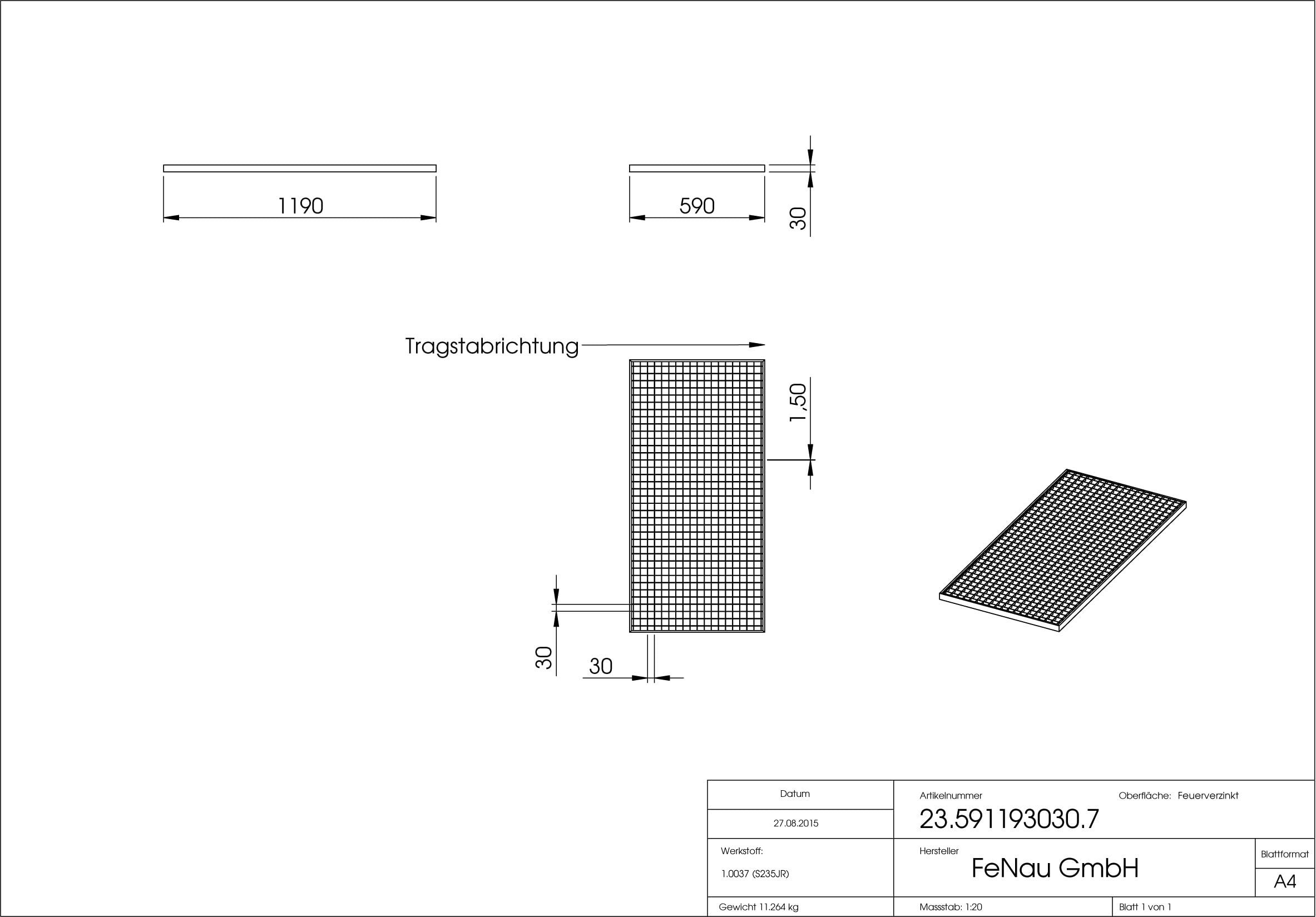 Fenau Grigliato/Griglia Dimensioni: 590 x 1190 x 1190 x 30 mm - MW: 30 mm / 30 mm (zincato a caldo) (Adatto per telaio: Fenau 600 x 1200 x 1200 x 33 mm)