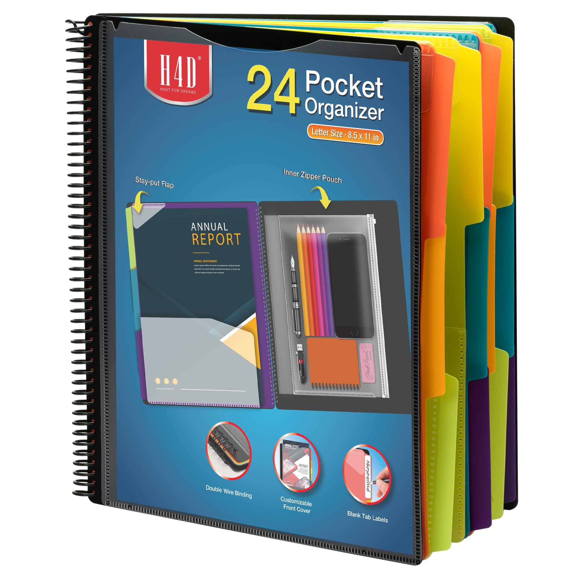 H4D24 Pocket Poly Project Organizer, Spiral Multi Pocket Folder Organizer, Multi-Subject Folder Notebook, Letter Size