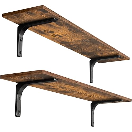 DINZI LVJ Long Wall Shelves, 39.4Inch Wall Mounted Shelves Set of 2, Extra Large Wall Storage Ledges with Sturdy Metal Brackets for Living Room, Bathroom, Bedroom, Kitchen, Rustic Brown