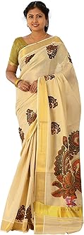 Women's Mural Printed Kerala Gold Tissue Saree with Running Blouse