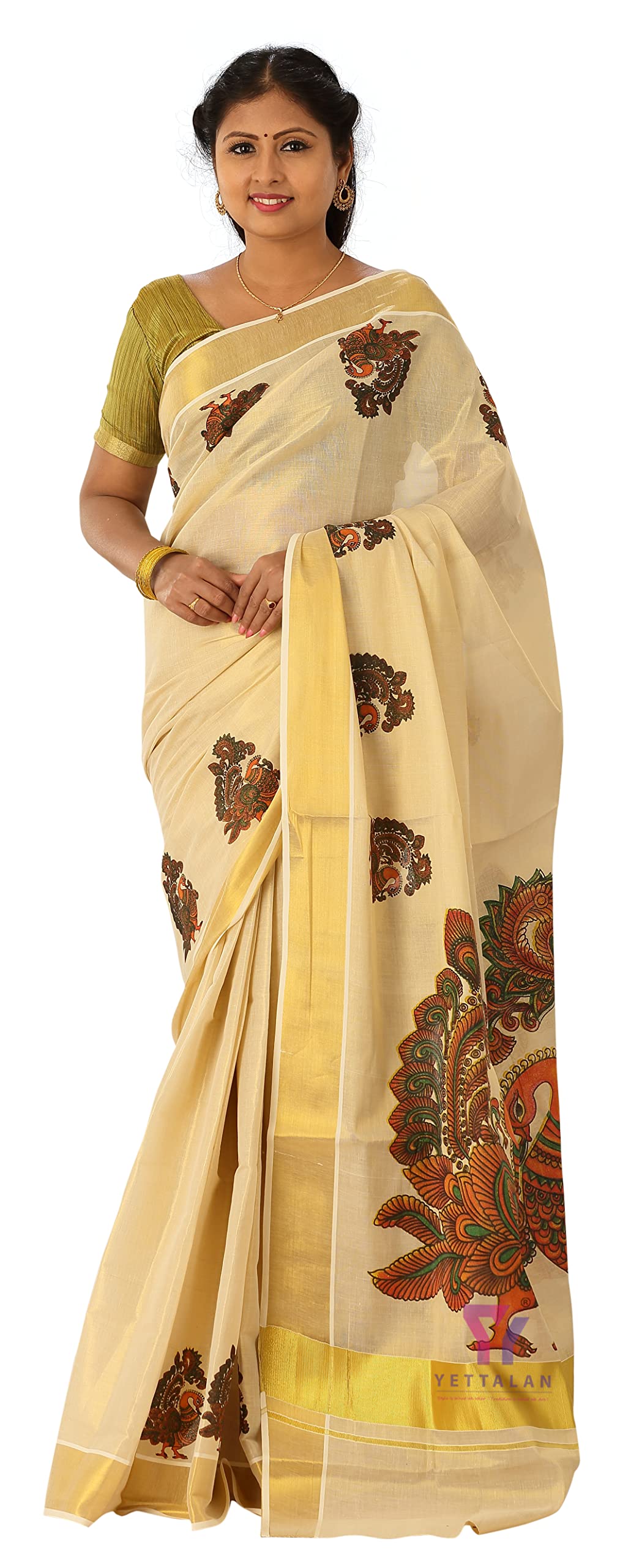 YETTALANWomen's Mural Printed Kerala Gold Tissue Saree with Running Blouse