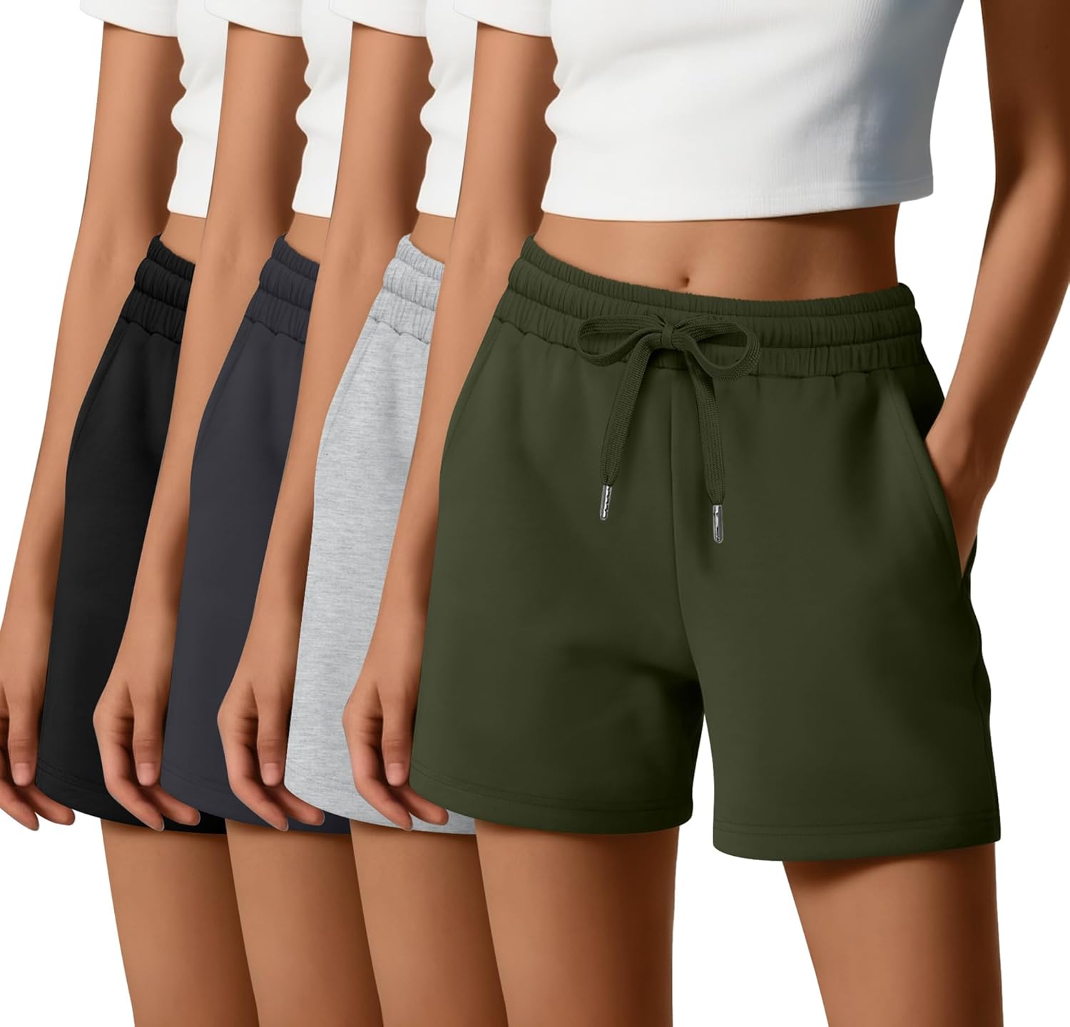 Locoowai 4 Pack Women's Sweat Shorts Casual Summer High Waisted Drawstring Athletic Comfy Shorts with Pockets Lightweight
