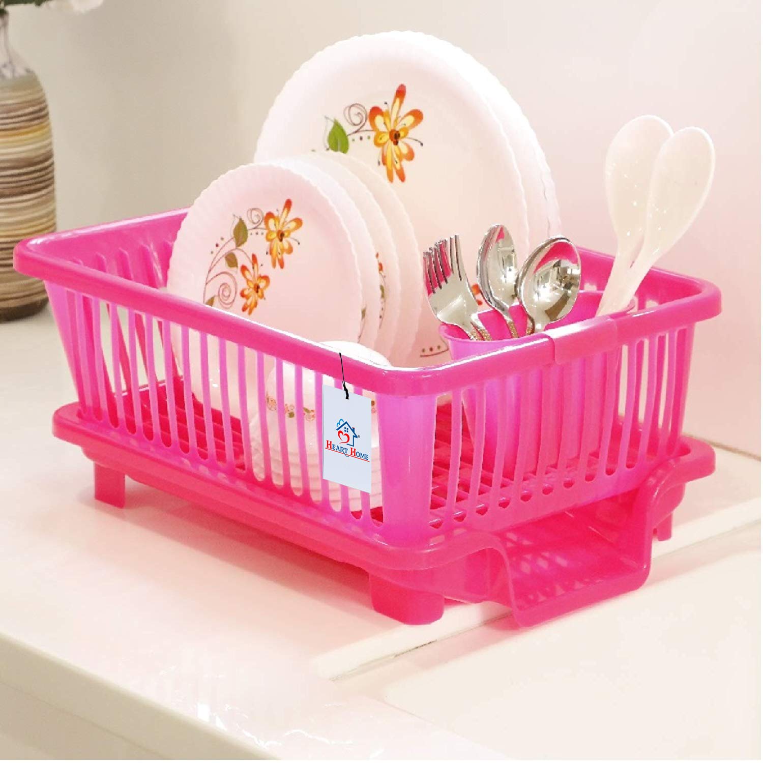 Heart Home 3 in 1 Large Durable Plastic Kitchen Sink Dish Rack Drainer Drying Rack Washing Basket (Pink)-HEART10736 (B08KPZCH29) Amazon Price History, Amazon Price Tracker