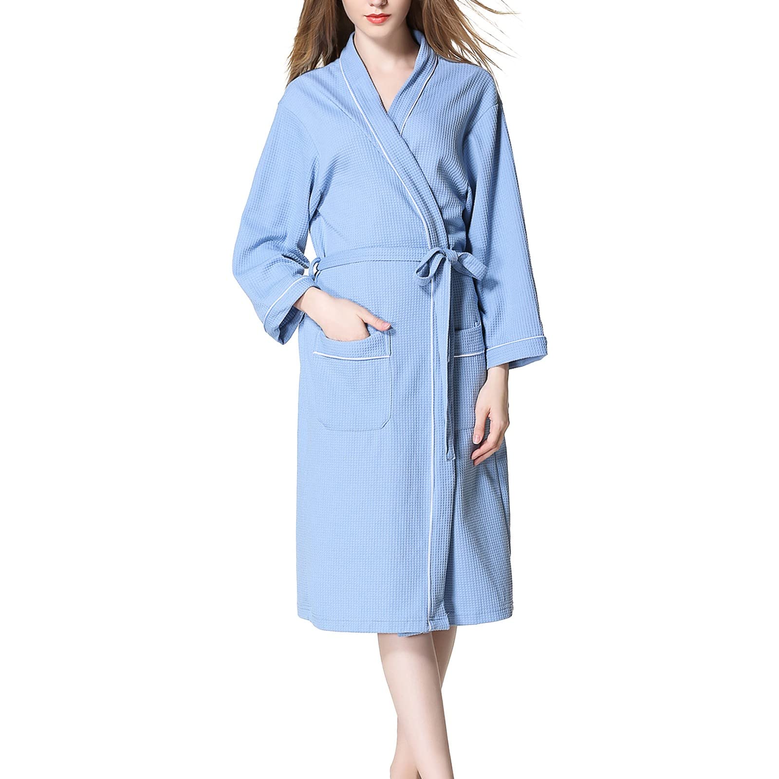 Generisch Accappatoio da donna lungo, in maglia, leggero e morbido, per ore di relax a casa, abbigliamento elegante con cintura, tessuto facile da pulire (azzurro, M)