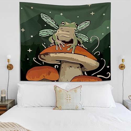 Miniatura 2 de Knibeo Tapiz de rana de hada y hongos para colgar en la pared, tapiz de rana para dormitorio, tapiz de pared de rana, decoración de pared de arte de