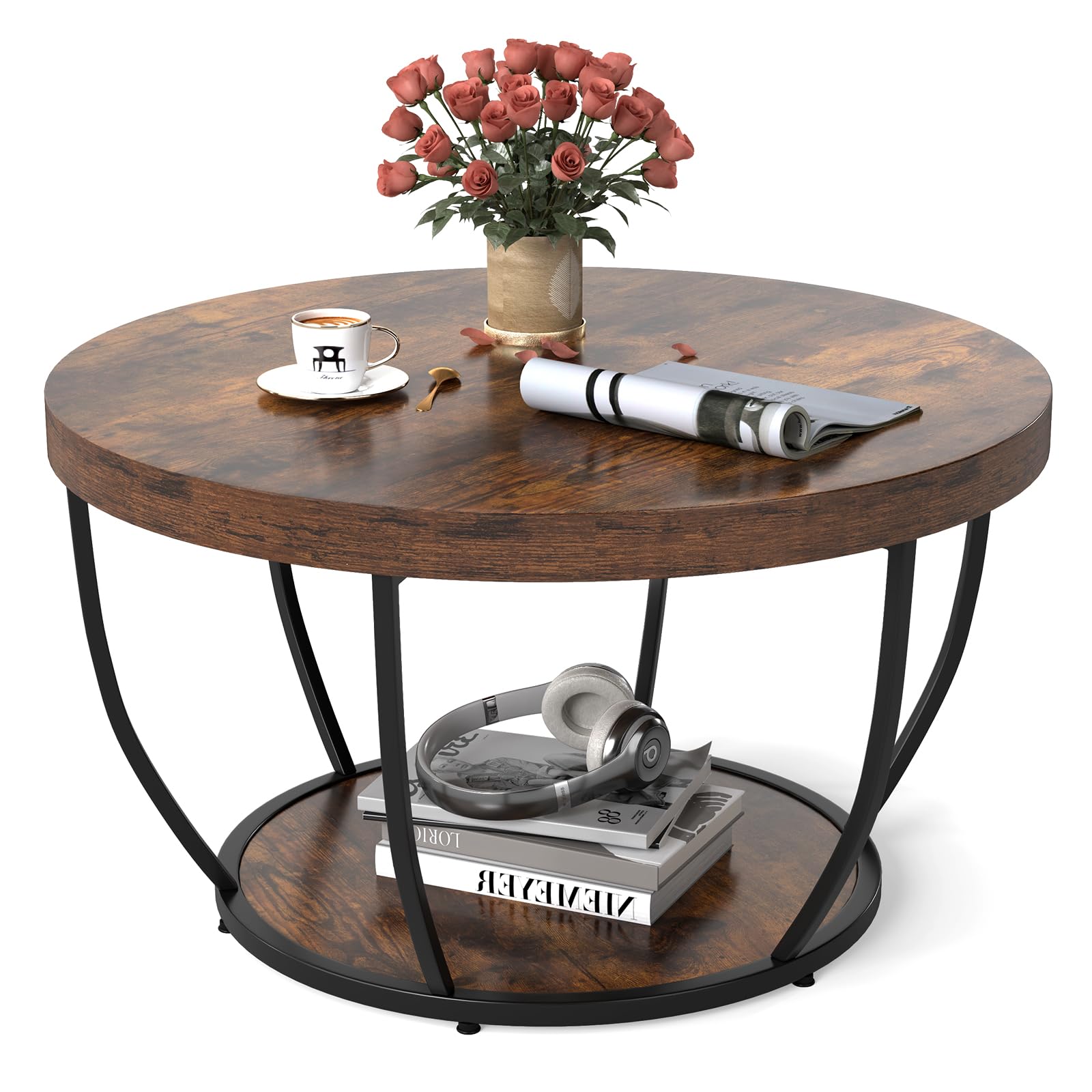 COSTWAY Couchtisch rund, Sofatisch Holz mit 2 Ebenen & Metallrahmen, Wohnzimmertisch Kafeetisch 80 cm D für Wohnzimmer, Empfangsraum, Büro (Rustikales Braun)