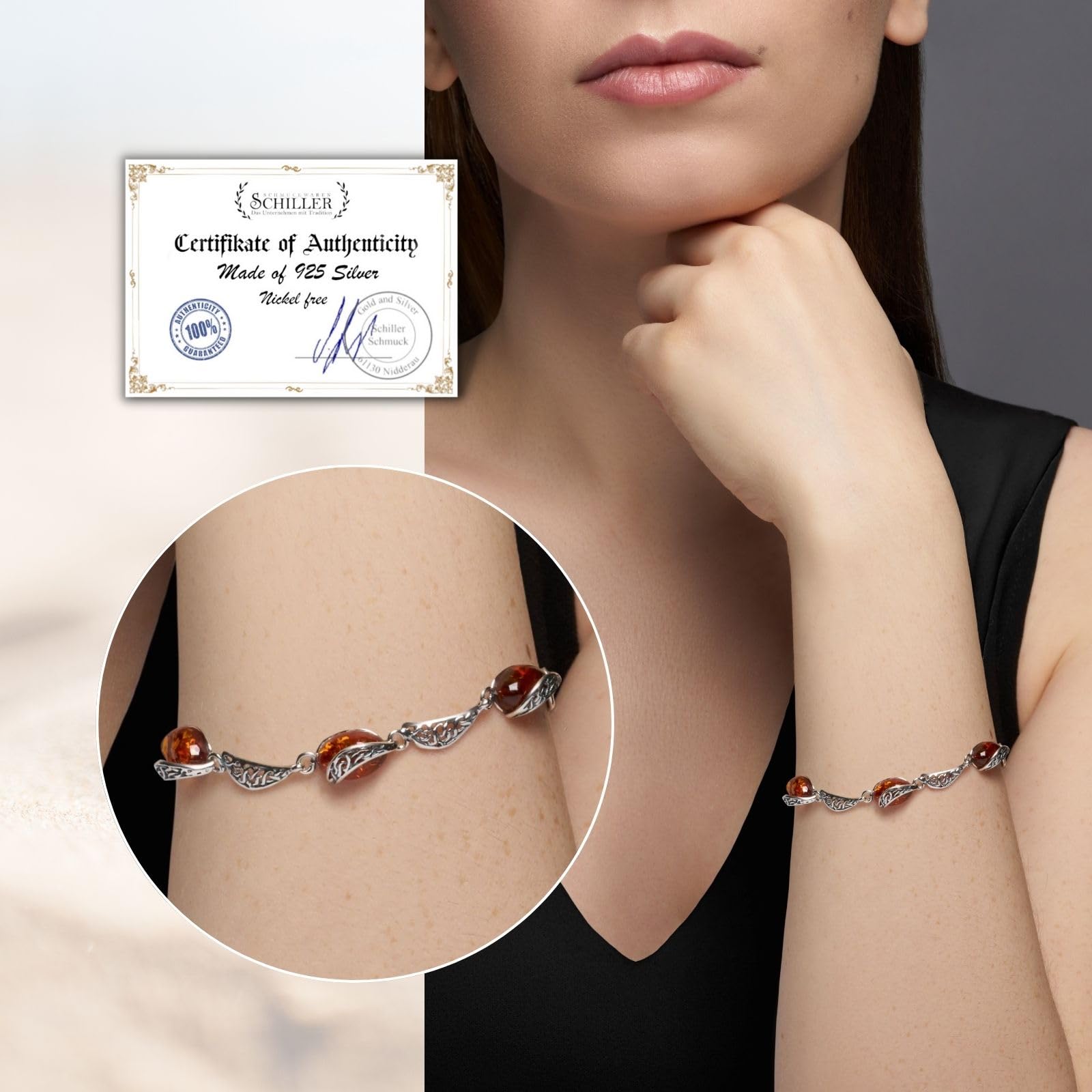 Copal Armband Damen Bernstein Silber 925 Geschenkset Tasche Karte Etui Verstellbar Armkette Valentinstag Muttertag Geburtstags Weihnachten Geschenk für Sie Frauen Freundin Mama