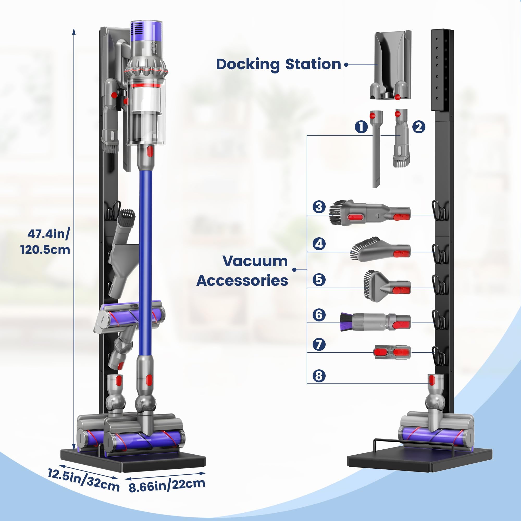 Vacuum Cleaner Stand Compatible with Dyson V15, V12, V11, V10, V8, V7, V6 & G5 – Freestanding Holder with Accessory Storage, No Drilling Required, Easy Installation thumbnail 8