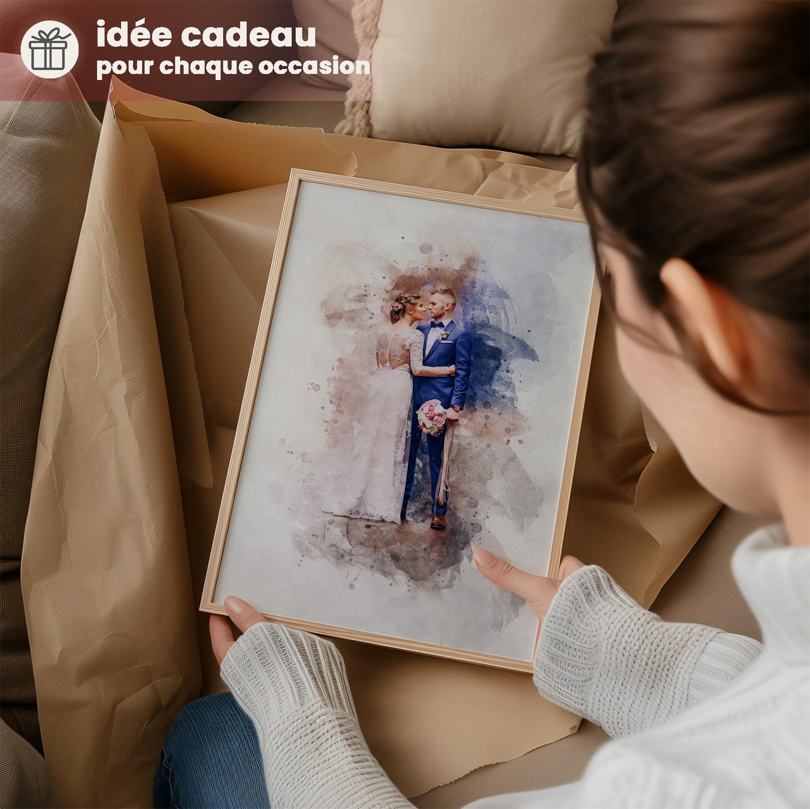 SOMEDA® Votre photo en aquarelle – portrait personnalisé, cadeau unique, disponible en poster, toile ou tableau encadré – fait main & sur mesure