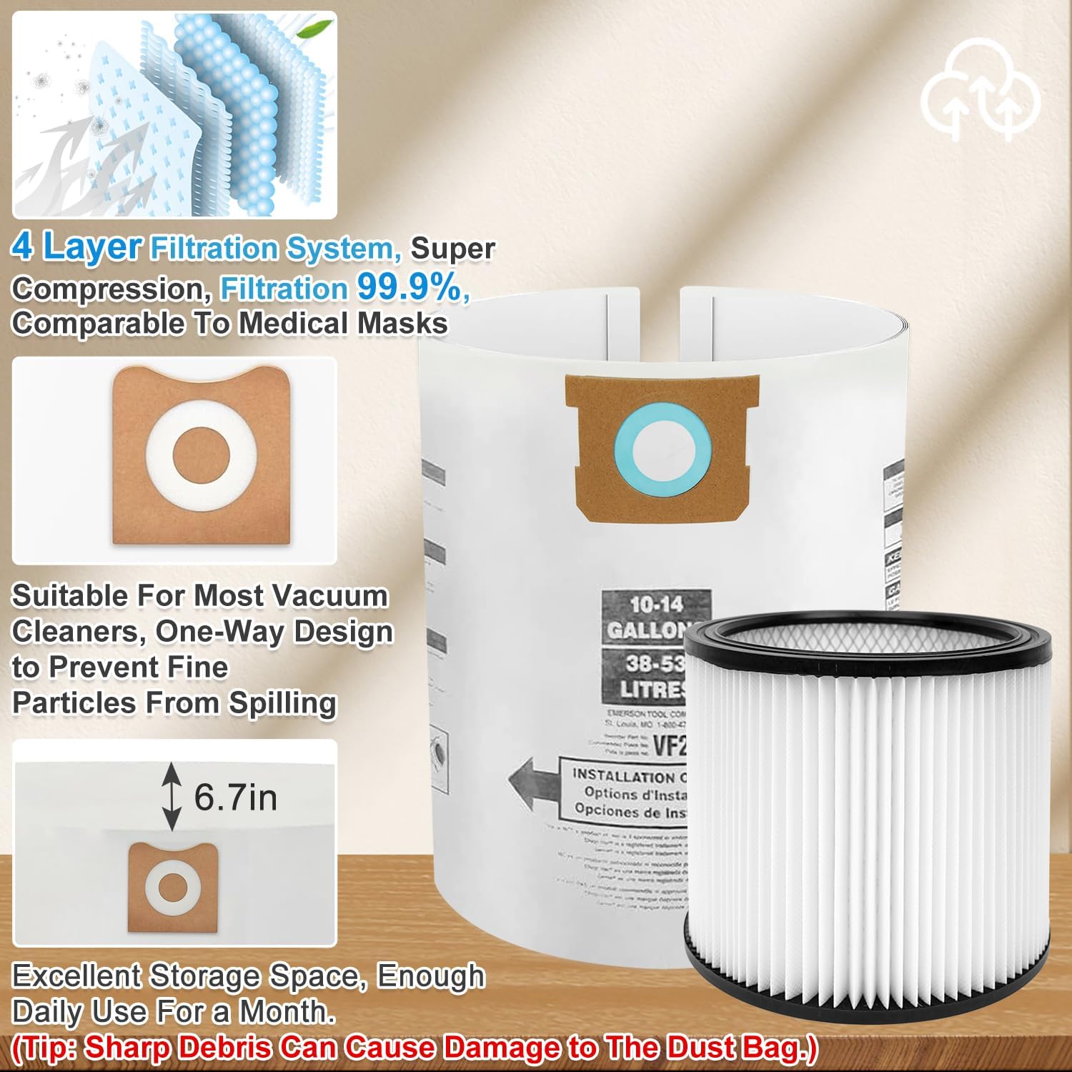 LAMPTOP 12 Pack Disposable Replacement 10-14 Gallon Vacuum Cleaner Filter kits, For shop vacuum, For dewalt, For stanley, For craftsman, For vacmaster, Some Other 10-14 Gallon Vacuum Cleaner