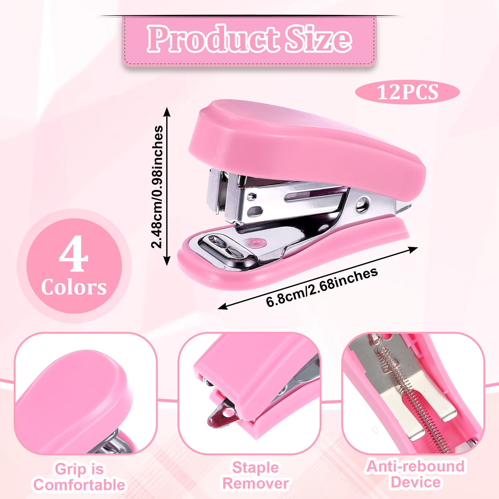 12 mini grapadoras con 12 cajas de grapas, incluye removedor de grapas integrado, grapadora pequeña de escritorio para suministros escolares de oficina (azul, verde, rosa, rosa)