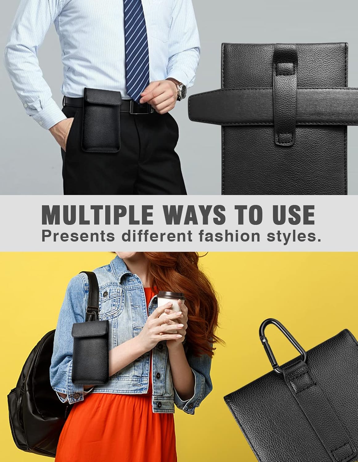 Faraday Bags for Phones, Leather Surface, Multiple Ways to Carry, Signal Blocking Pouch, GPS/RFID Shield Phone Sleeve, Cellphone Privacy Protection, 8 x 4.8 inches, for All Smartphones (Black)