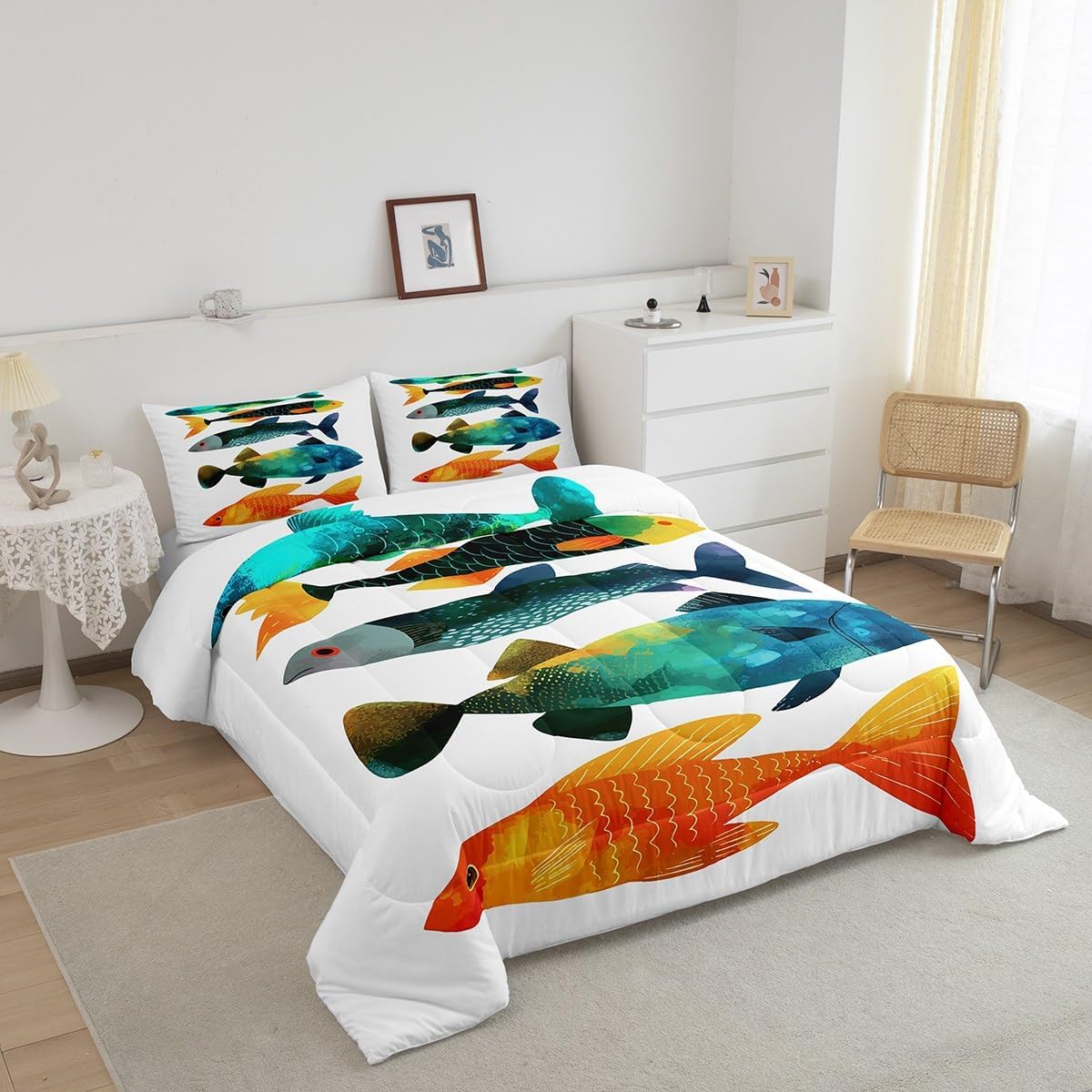 Feelyou Bass Fish Comforter Set Twin Size Cute Cartoon Fish Bedding Bedding Set Set for Kids Boys Teens Farm Fisherman Fishing Comforter Lake Teal Quilt Set Bedroom Duvet Set 2Pcs
