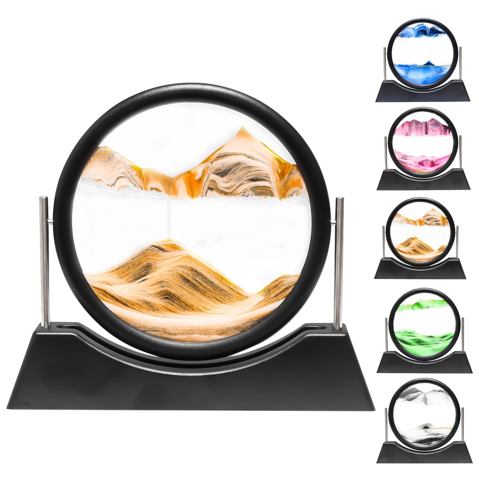 Liangding Moving Sand Art Liquid Motion, 3D Flow Sand Painting Art for Desk Top Decor, Round Glass Stress Reliefin Quicksand Decoration in Office Home (Yellow),8.27 x 9.45 x 1.57 inches