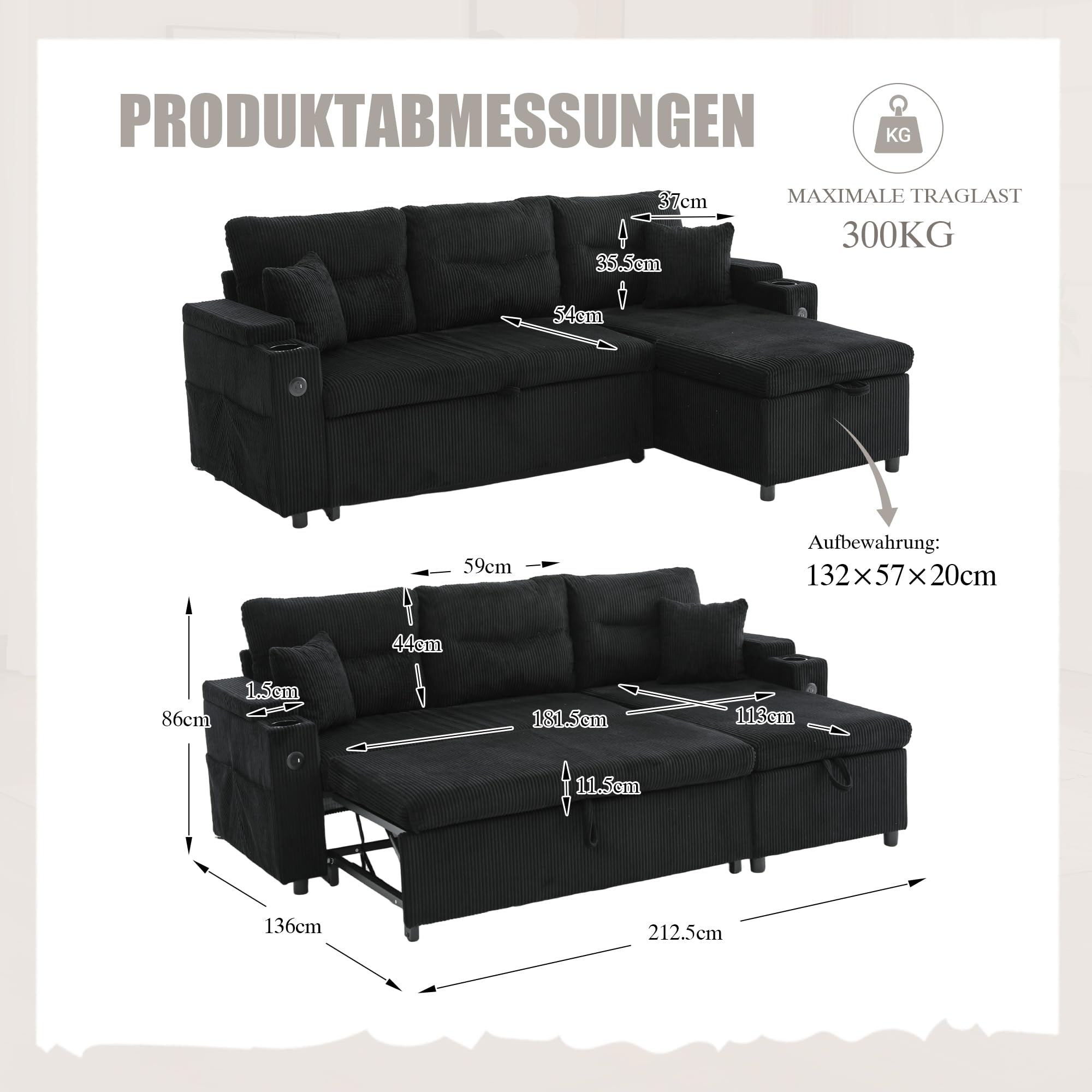 Moderno Chaise Longue Sofá Cama 3 Plazas con USB-C, Rinconera con Arcón Almacenaje y Portavasos, Sofá Cama de Pana Extraíble con Canapé Hidráulico, 212cm Mueble Salón, Negro