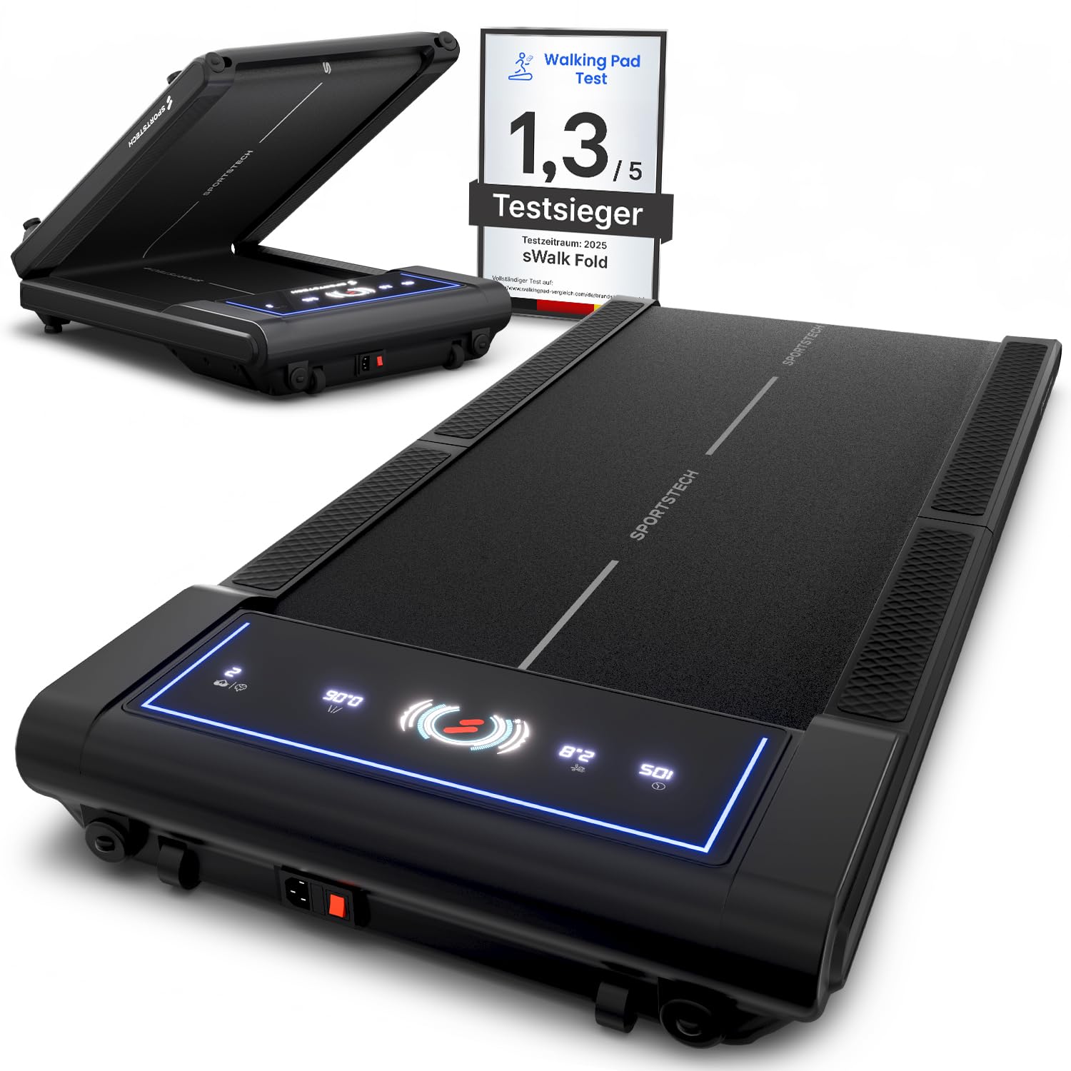 Sportstech Walking Pad sWalk Fold, Laufband für Zuhause Klappbar mit LED-Beleuchtung, App-Steuerung, bis 6 km/h, kompakt mit Transportrollen, leises Treadmill, Home Office & Schreibtisch, bis 150 kg