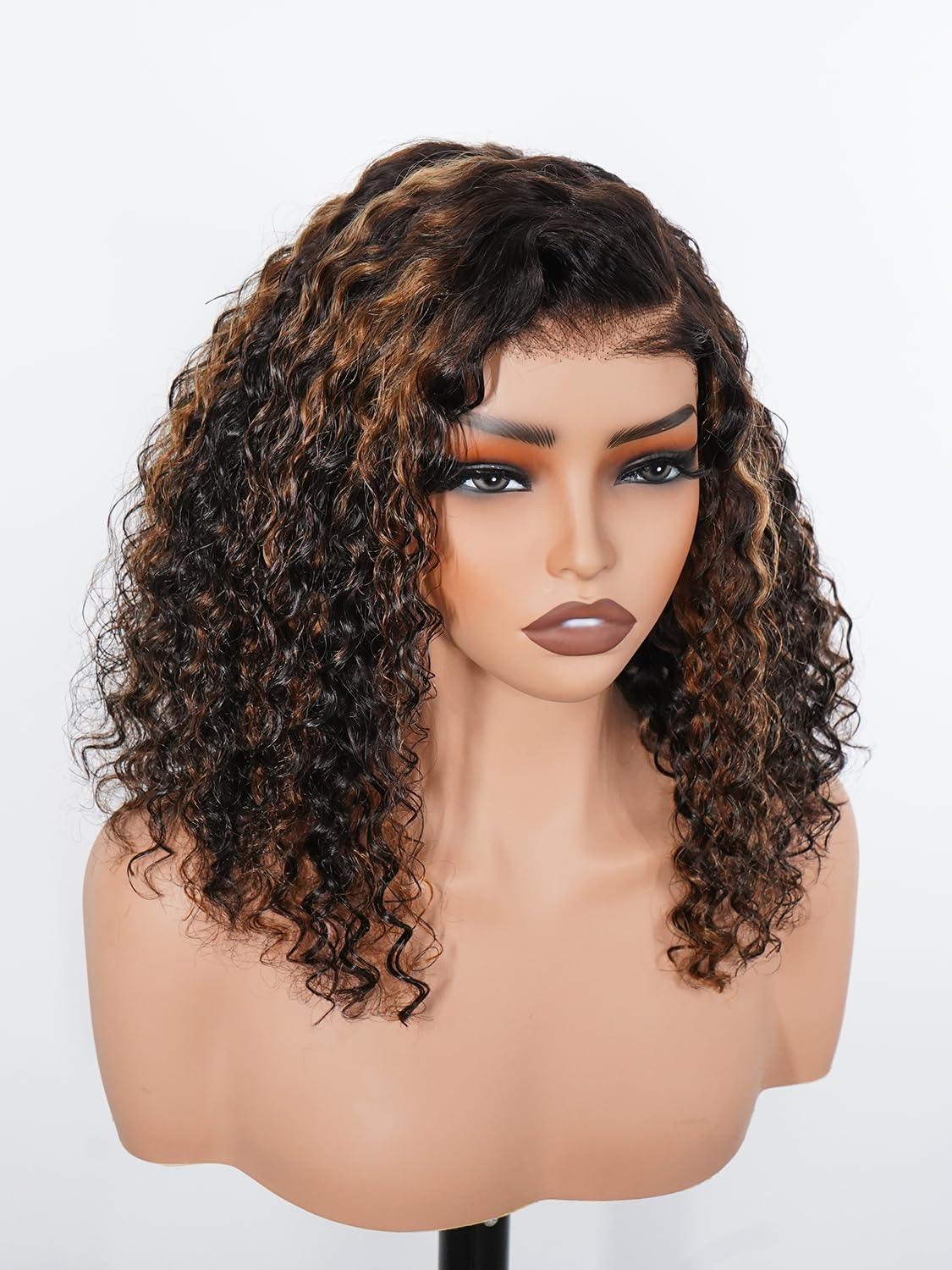 ISEE Hair Highlight Glueless Bob Wigs Human Hair Pre Plucked Pre Cut 2/30 Honey Blonde Curly Human Hair Wig for Black Women Ombre Water Wave 5x7 HD Lace Closure Wigs with Elastic Band 14 Inch