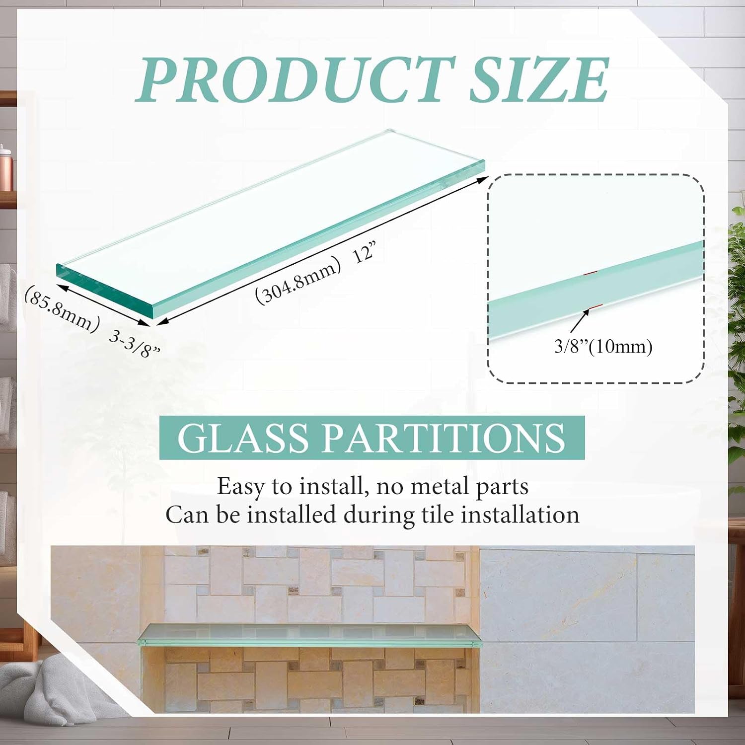 Teenyyou 2 Pcs 3-3/8" x 12" x 3/8" Glass Shelf for Shower Niche image 3
