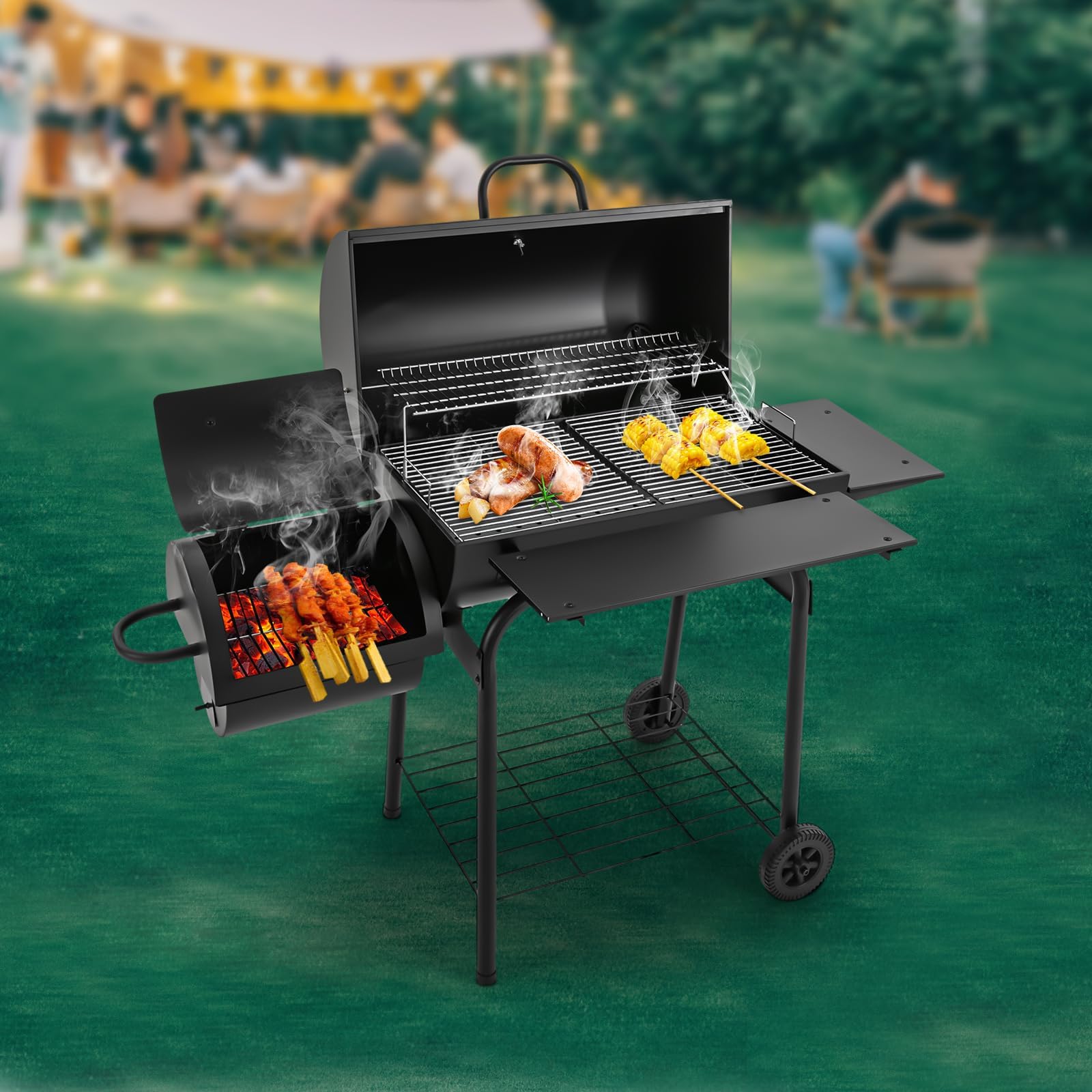 Grill na węgiel drzewny z pokrywką, duży grill węglowy z kółkami i termometrem i 2 półkami, na kemping i do ogrodu, 147 x 70 x 126 cm