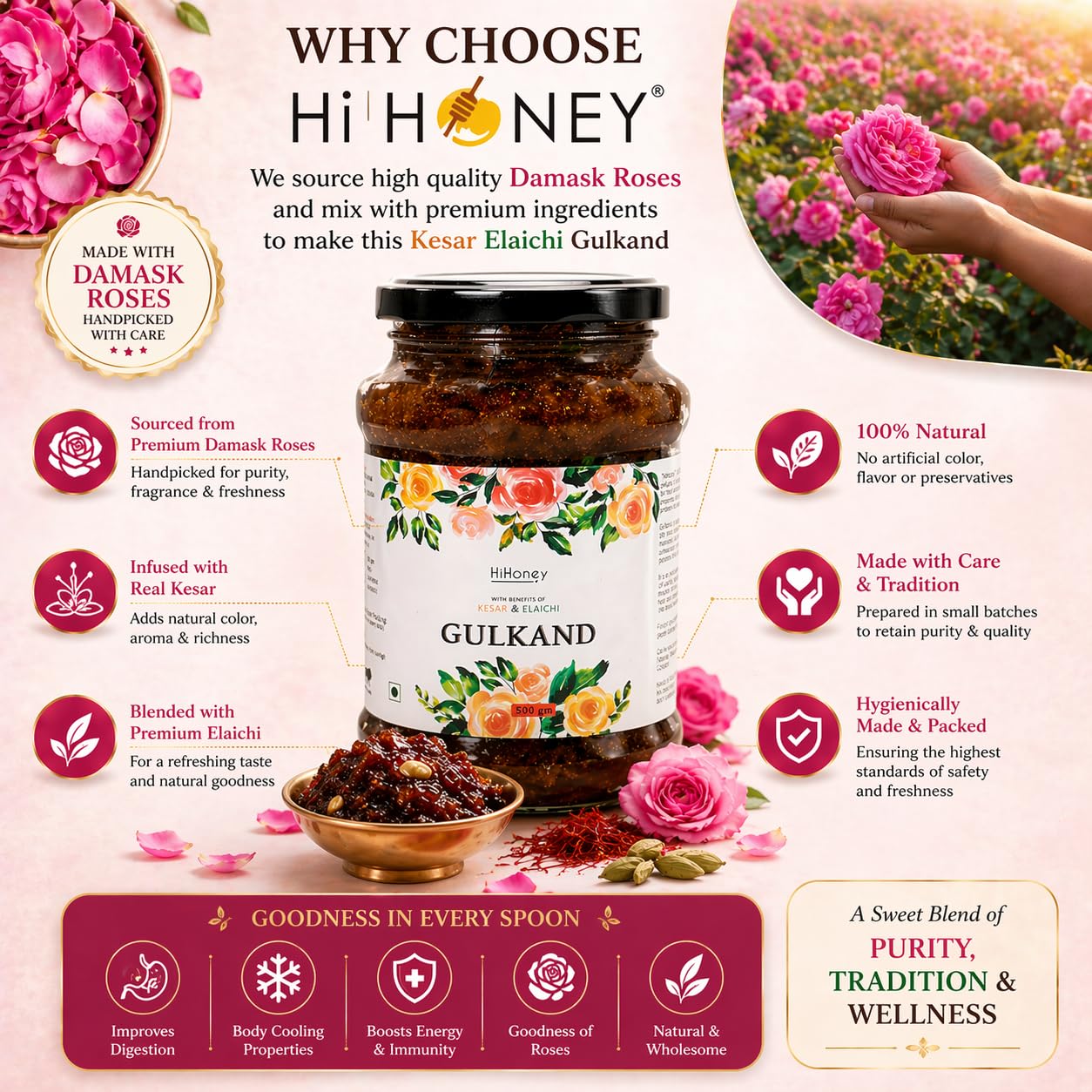 Hi Honey Natural Organic Gulkand 500g | Sun-Cooked Damask Rose Petals & Rock Sugar | Kesar Elaichi Infused | Ayurvedic Digestive & Natural Body Coolant | No Artificial Flavors 1