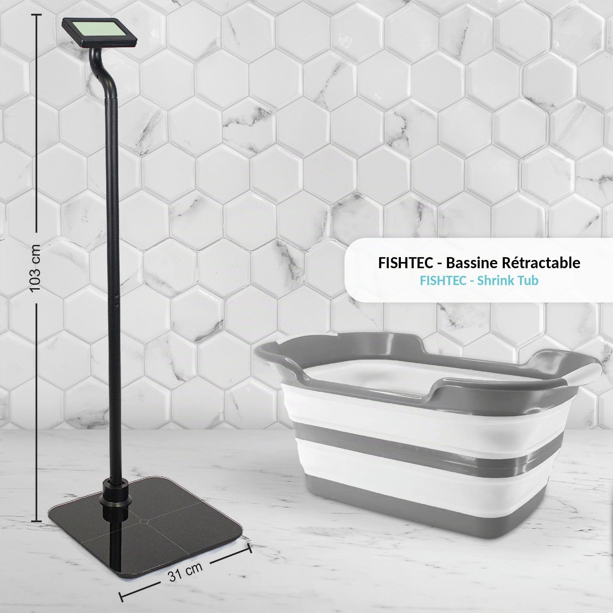 FISHTEC - Bilancia Persona Con Schermo Ravvicinato - Lunga Barra per Display LCD Retroilluminato Nelle Vicinanze - Indicatore di Peso Luminoso - Bilancia a Colonna Inclinabile e Piattaforma in Vetro