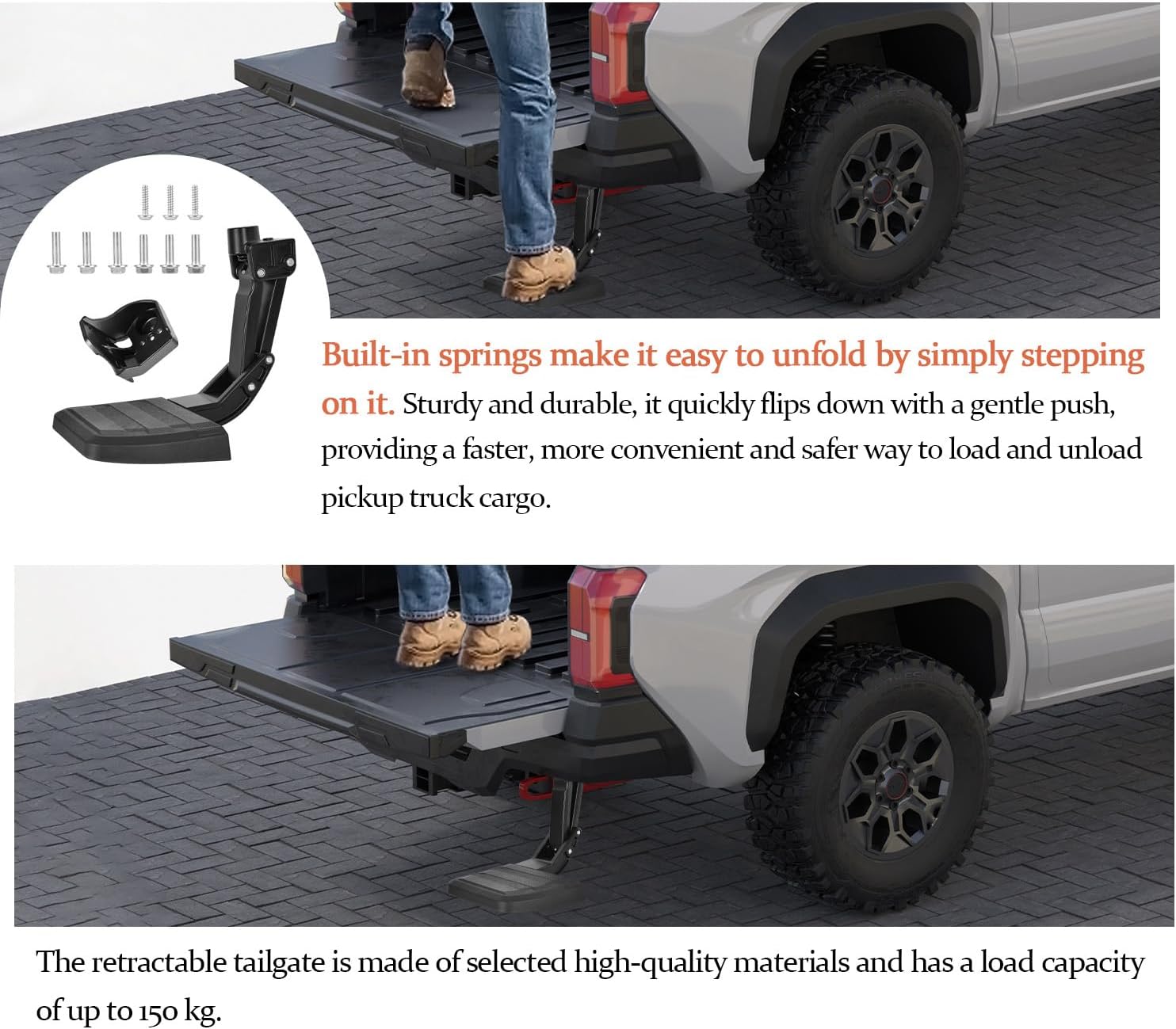 Truck Bed Step Side Retractable Bumper bedstep Folding Rear Tailgate Step Basic Tools Installation in 30 Mins Road Use Fits for Tacoma 2024 2025