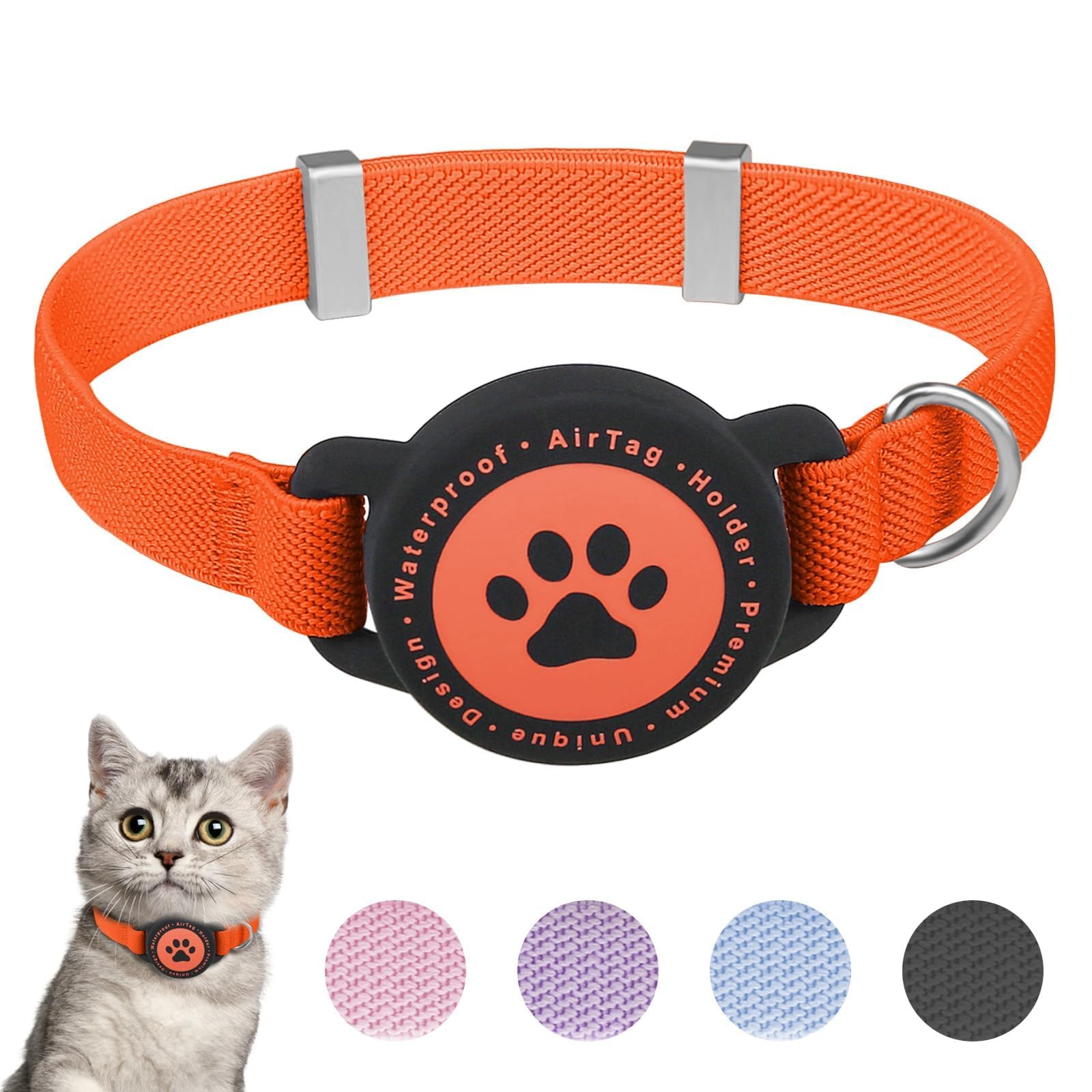 Airtag Katzenhalsband, Dehnbares Kätzchenhalsband mit Apple Air Tag Halterung, Leicht und Bequem, Ultra Elastische GPS Katzenhalsbänder für Katzen, Kätzchen und Welpen [Orange]
