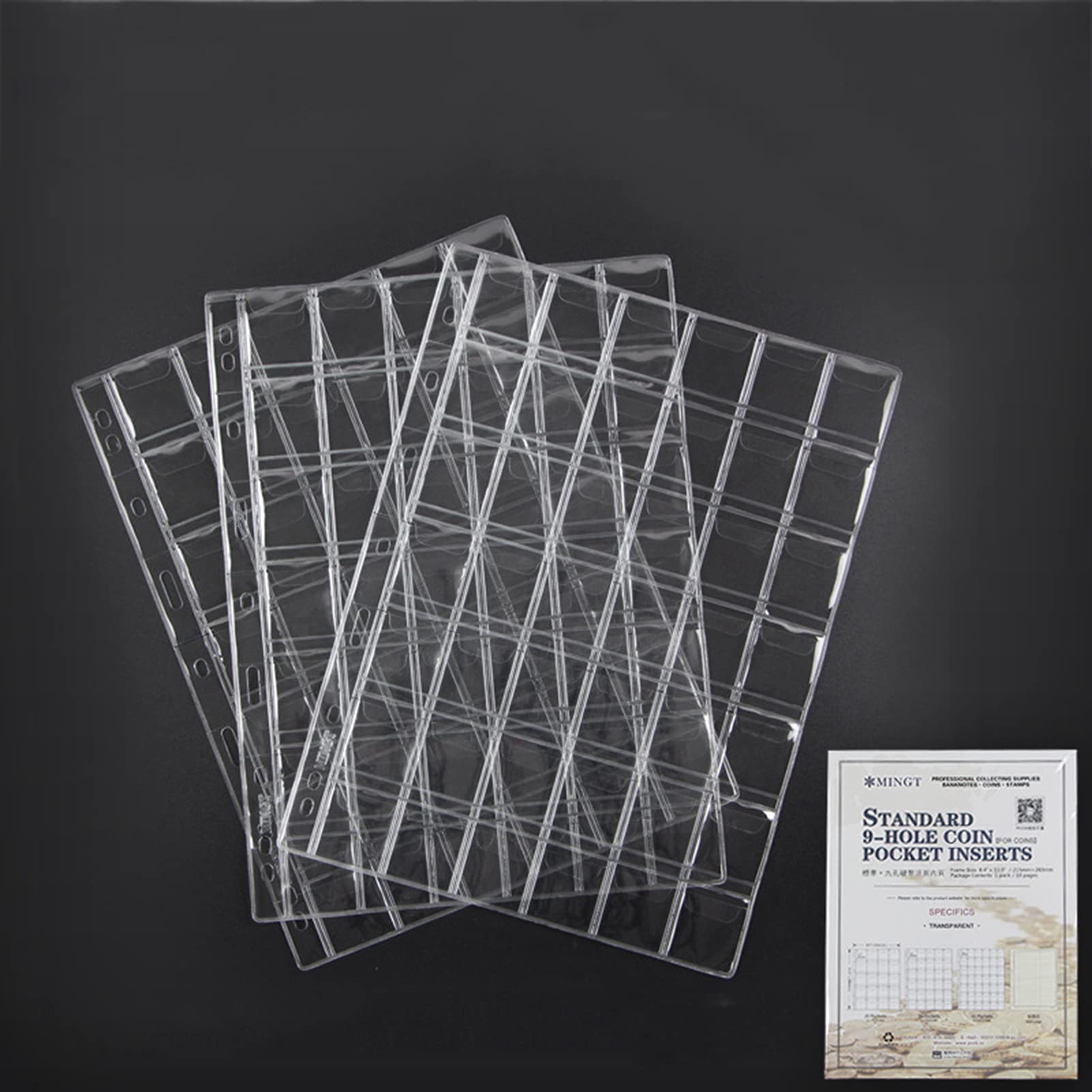 AITIME 42-Pocket Coin Pages, Stander 9-Holes Coin Sleeves for Collection Holder Book, 10 Sheets Small Coins Storage Binder Refills for Collectors